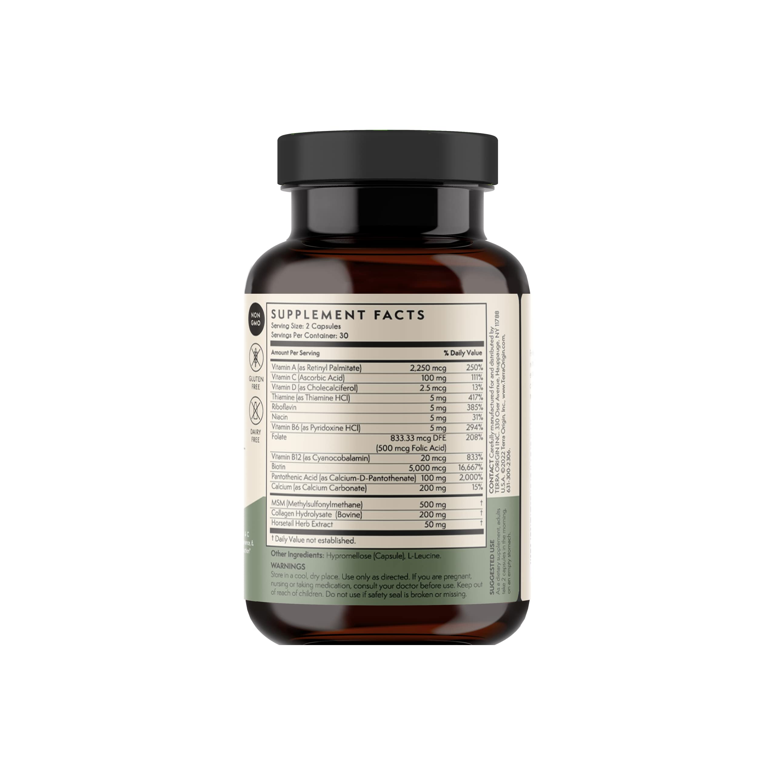 TERRA ORIGIN Healthy Hair, Skin and Nails Supplement | Collagen, Biotin, Horsetail & B-Complex | Supports Hair Strength, Skin Elasticity & Nail Growth | Vitamins for Women and Men | 60 Capsules TERRA ORIGIN Au supplements