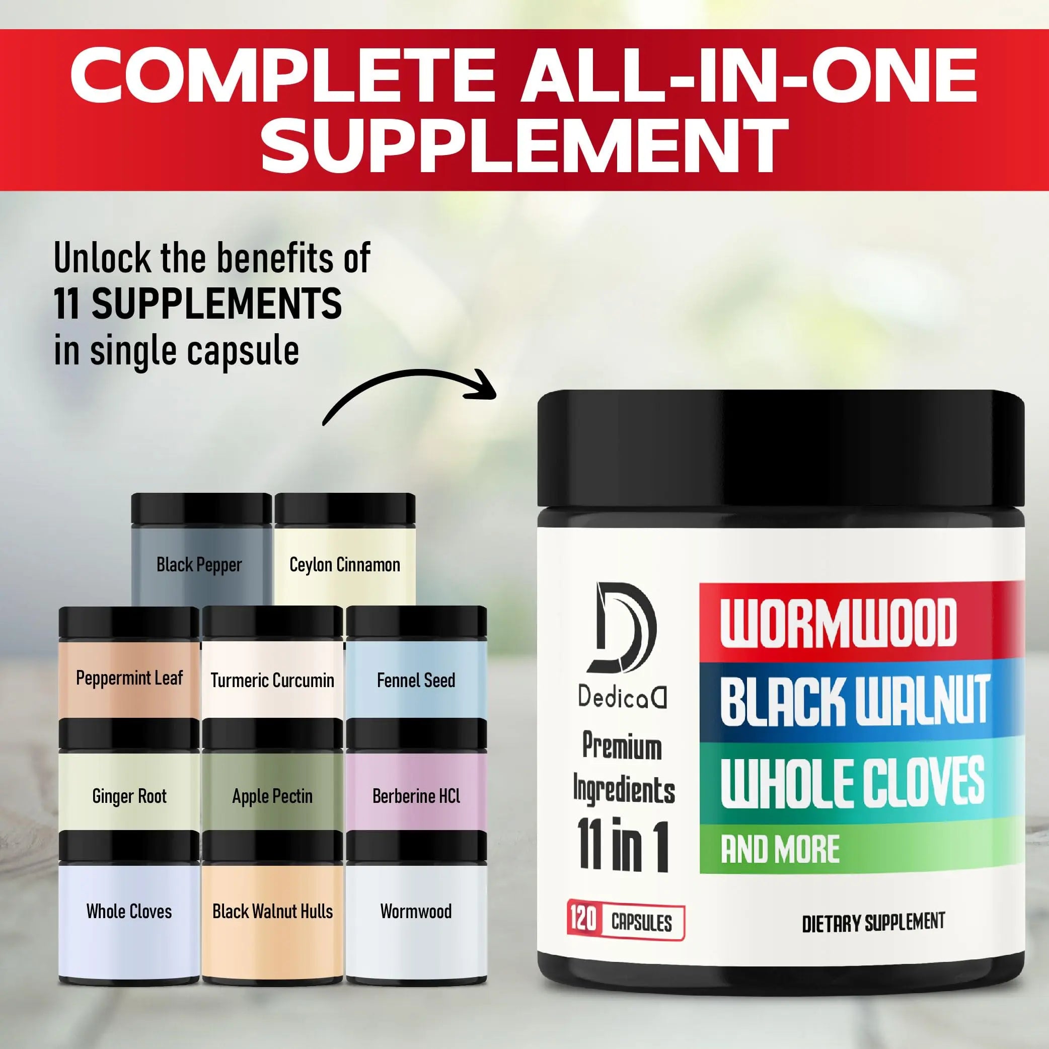 DEDICAD Wormwood Supplement - 120 Capsules Extracted from Black Walnut, Cloves, Turmeric, Apple, Berberine HCl & More - 11 Ingredients Combined for Immune System - 2-Month Supply DEDICAD Au supplements