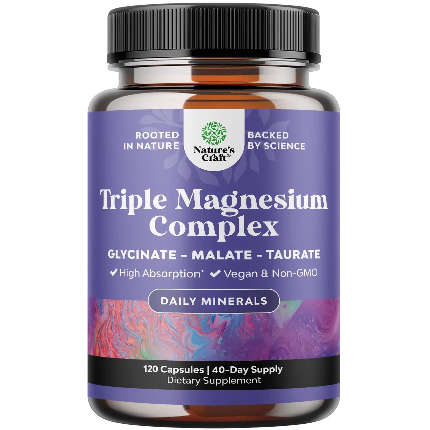 Triple Magnesium Complex Supplement - High Absorption Magnesium Glycinate, Malate & Taurate Blend for Muscles, Energy Support & Heart Health - Triple Mg Complex 400 mg Capsules - 120 Count Natures Craft Au supplements