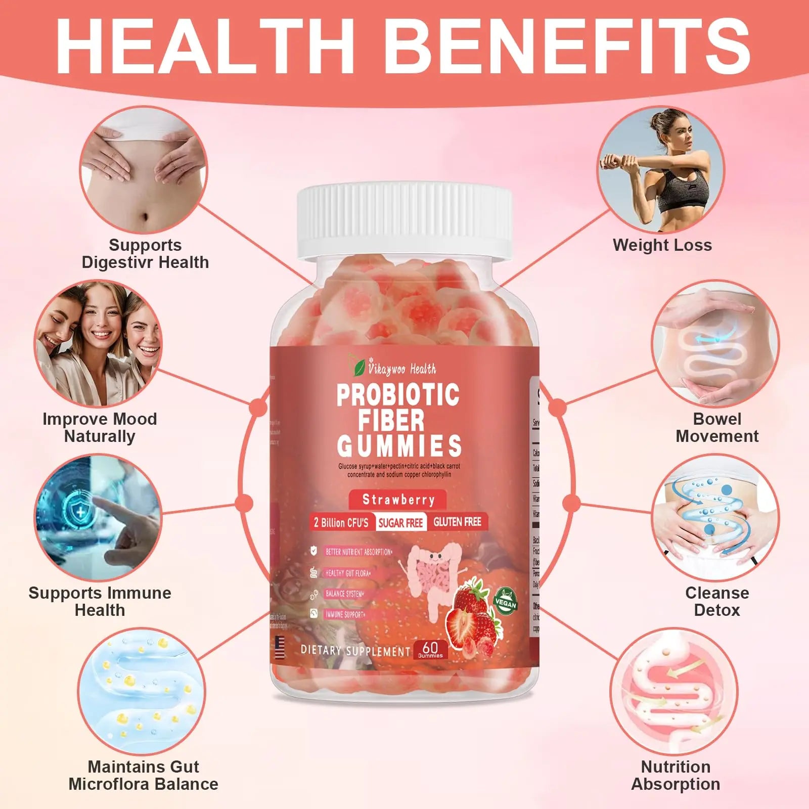 Vikaywoo Probiotic Fiber Gummies for Adults, No Sugar Added Strawberry Flavor– 2 Billion CFUs –Vitamin C,Vitamin D–Digestive Health & Regularity Support(120 Count) Vikaywoo Au supplements