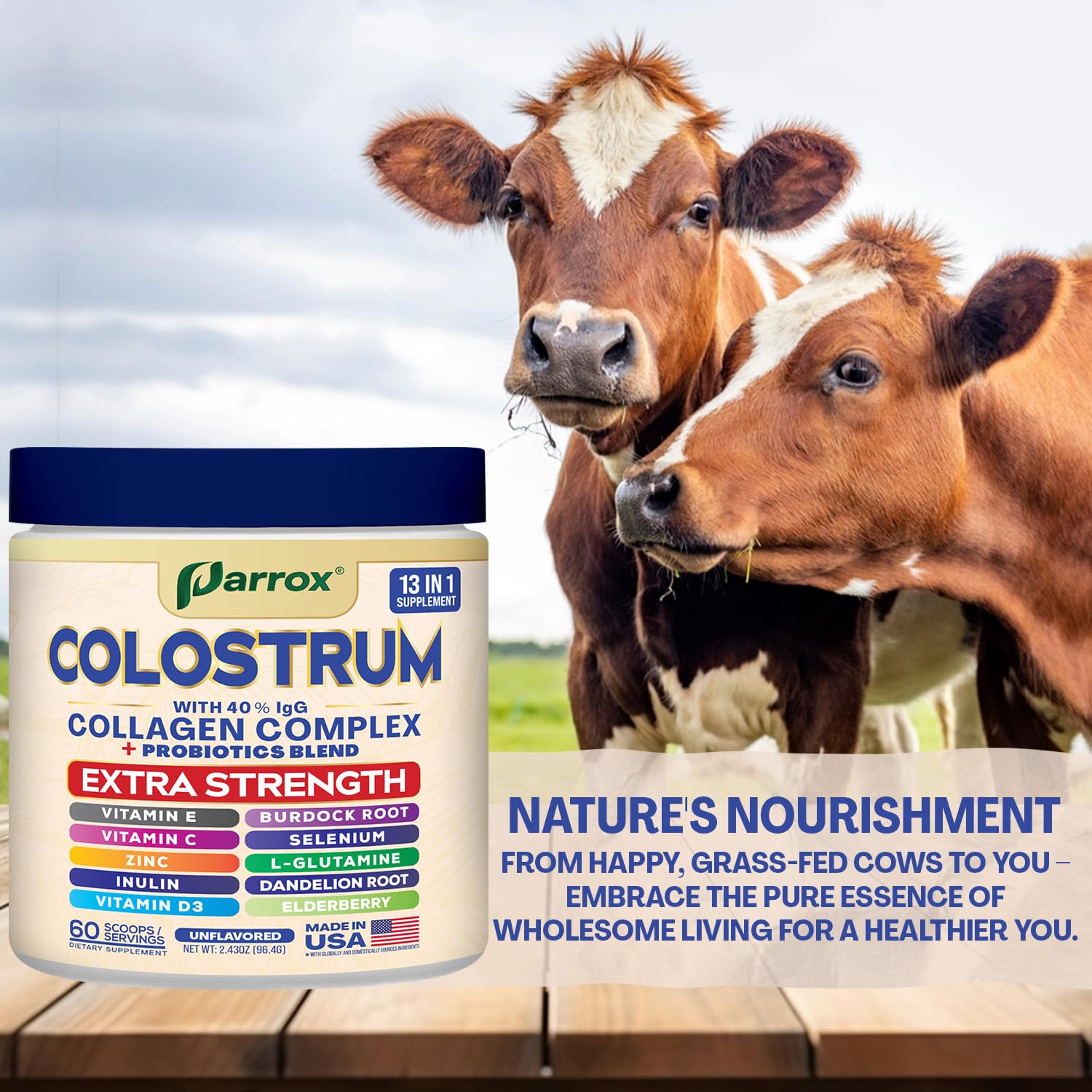 Parrox Colostrum Powder with 40% IgG, Collagen, Probiotics, Burdock Root, L-Glutamine, Elderberry, Vitamin C, Vitamin E, Vitamin D3, Inulin, Selenium, Dandelion Root, Zinc, 60 Servings (Unflavored) Parrox Au supplements