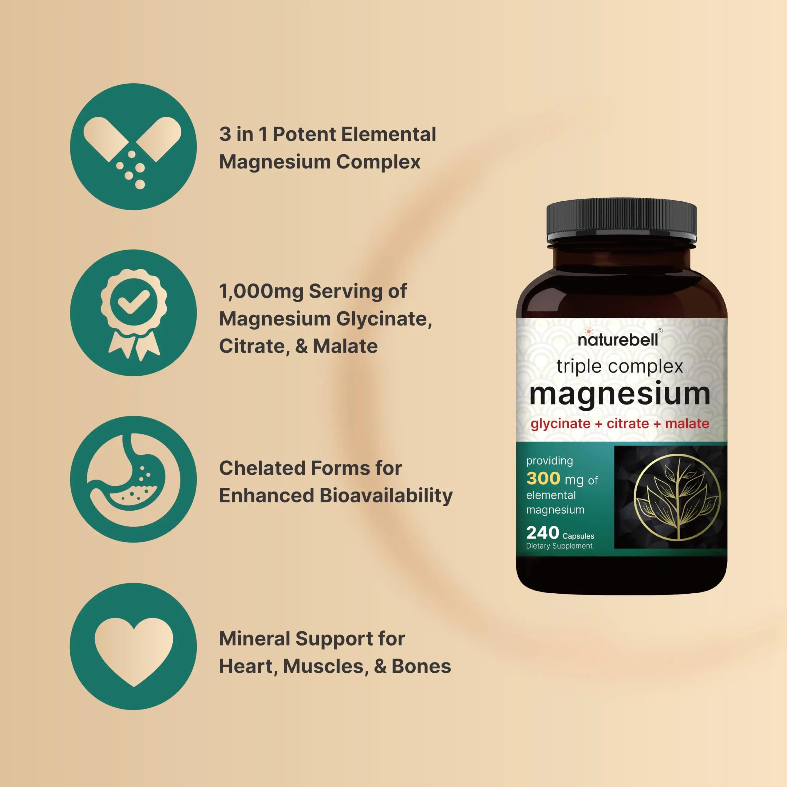 Triple Complex Magnesium Supplement, 240 Capsules | Magnesium Glycinate 500mg NatureBell Au supplements