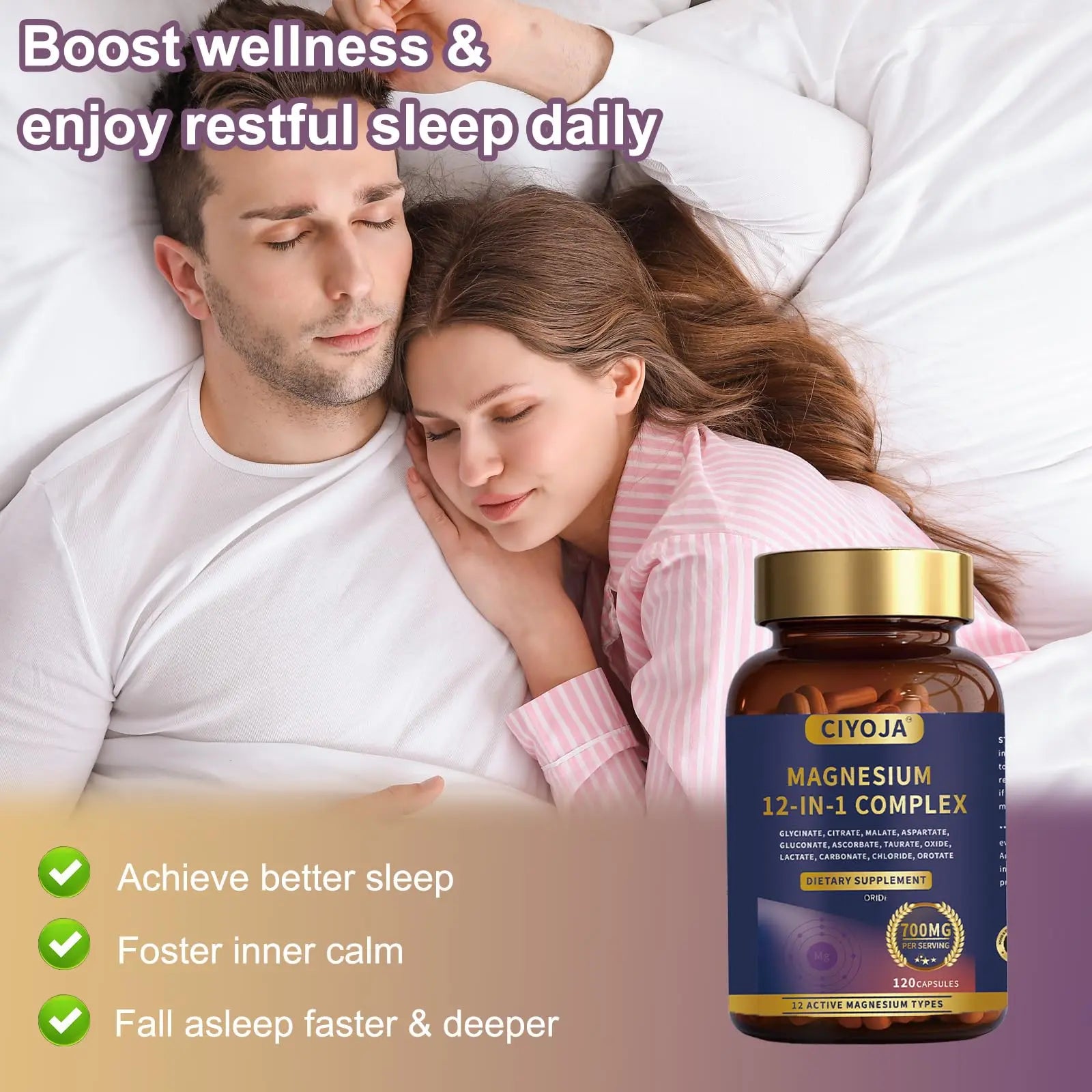 12-in-1 Magnesium Complex for Women Men: Magnesium Glycinate 700mg with Citrate, Malate Taurate Chelated Forms - High Absorption Magnesium Supplement for Relaxation Muscle Heart - 120 Vegan Capsules CIYOJA Au supplements
