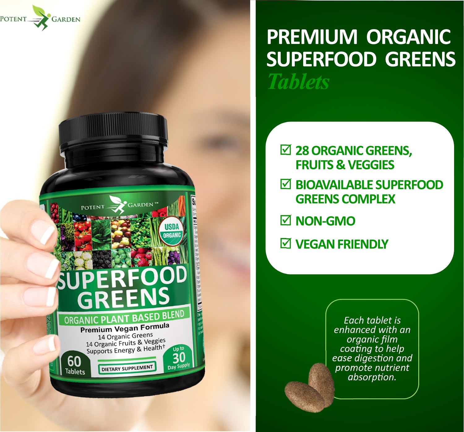 Potent Garden Organic Superfood Greens, Fruit and Veggies Supplement Rich in Vitamins & Antioxidants with Alfalfa, Beet Root & Tart Cherry to Boost Energy, Immunity & Gut Health, Greens Tablets 60 Ct Potent Garden Au supplements