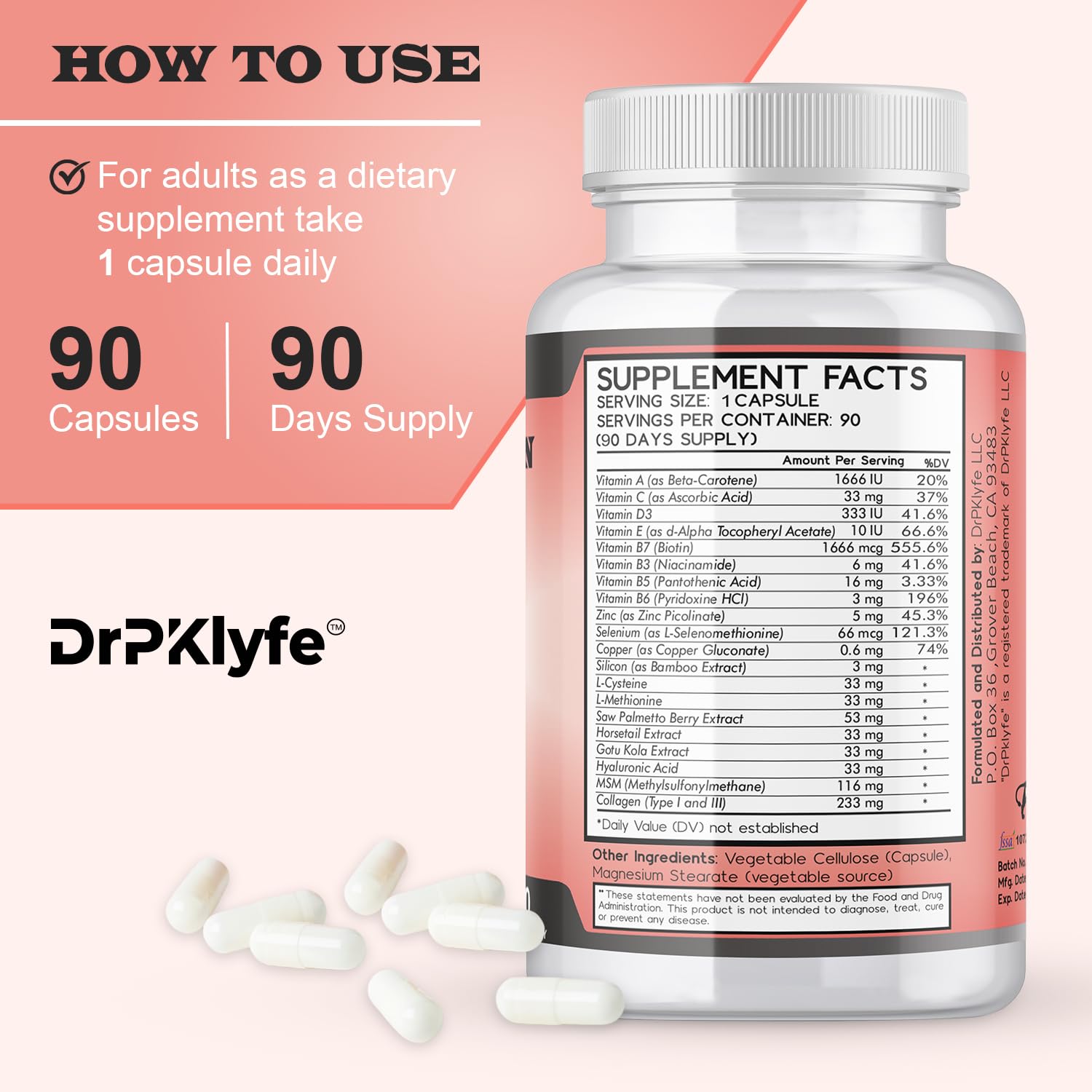 DrPKLyfe Hair, Nail and Skin Supplement Capsules:Biotin, Collagen, Collagen Peptides, Acid Hyaluronic, Biotin, Vitamin A, C, B5, B6 Saw Palmetto & More - 90 Capsules. DrPKLyfe Au supplements