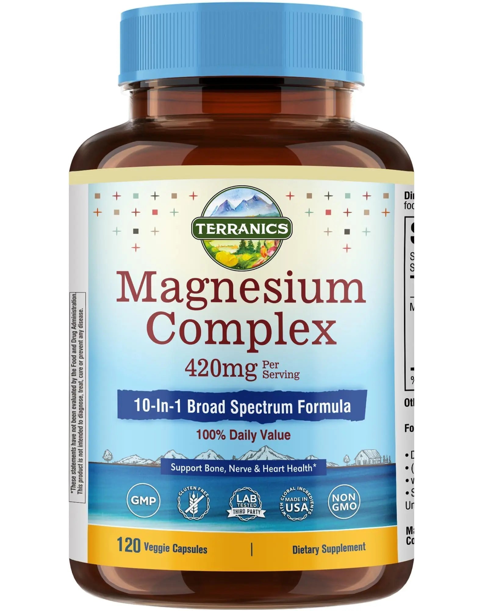Terranics Magnesium Complex Supplement 420mg, 10-in-1 Full-Spectrum Formula, Glycinate, Citrate, Malate & More, Max Absorption, Bone and Heart Support, 120 Veggie Caps Terranics Au supplements