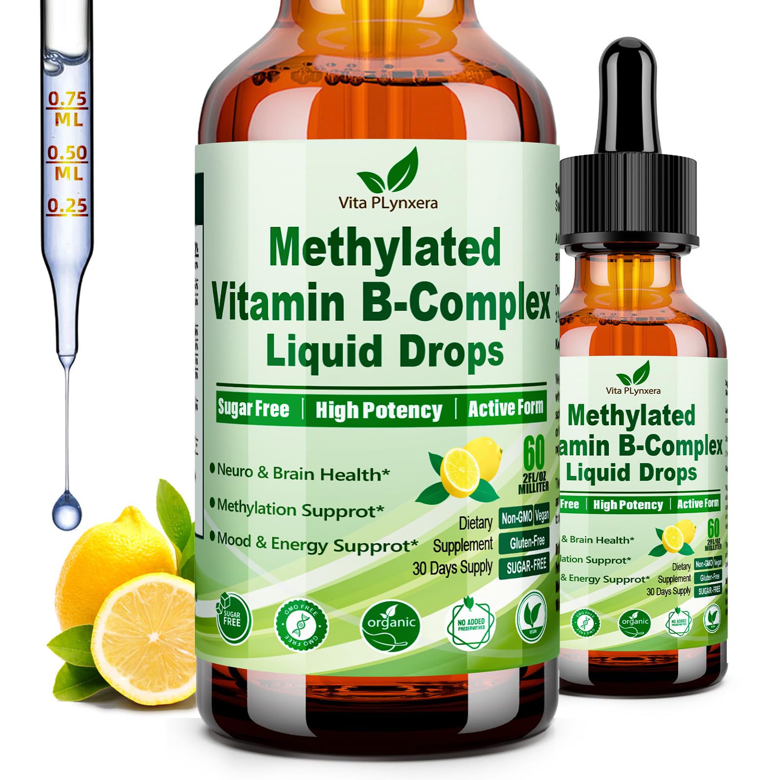 Methylated B Complex Liquid Drop Complete 9-in-1 Methyl B Vitamins w. B12 Methylfolate Inositol Choline TMG Vitamin C E, Super B-Complex Methylated for MTHFR Support, Energy Mood Nerve & Brain Health1 Vita PLynxera Au supplements
