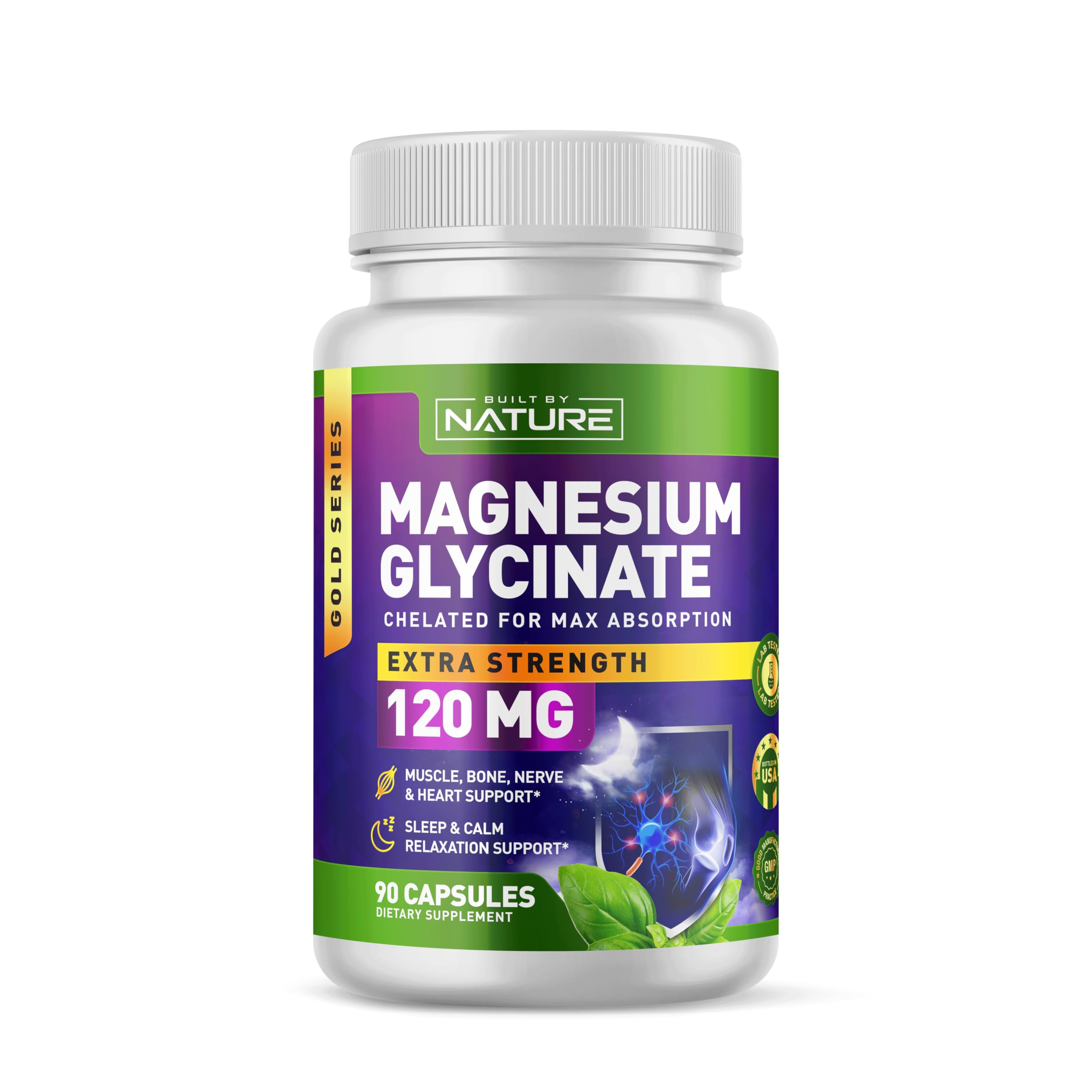 Built By Nature Magnesium Glycinate - Chelated for High Absorption – Supplement to Support Sleep, Muscle, Heart & Nerve Health - 120 mg Magnesium per Serving/Capsule - 90 Capsules Built by Nature Au supplements