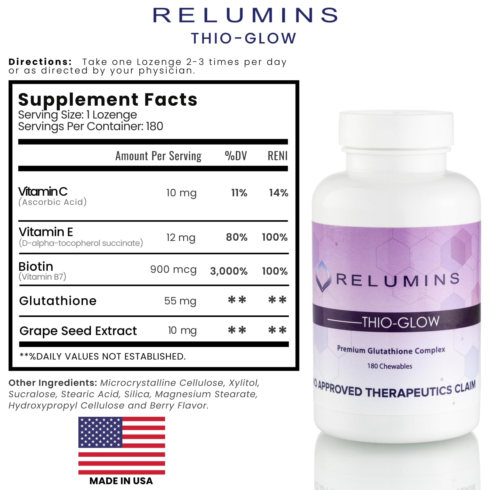 Relumins Thio-Glow Chewable Sublingual Glutathione Complex with Biotin, VIT C & E, Plus Grapeseed Polyphenols – 330mg Gluta Per Serving – 4X Effective, Ultimate Wellness Gift for Moms x 3 Bots Relumins Au supplements