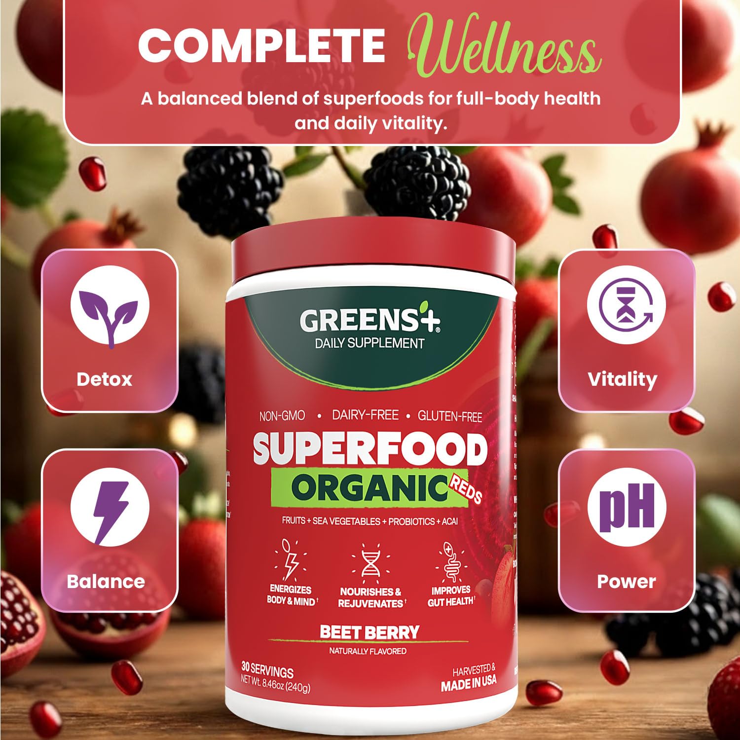 Greens+ Organic Reds Superfood Powder, Antioxidant, Polyphenol, Blend for Morning Kick, Energy, Vitality Boost, Nutrition, Vibrant Health, Vegan Soy/Dairy/Gluten Free(8.46oz) Greens+ Au supplements