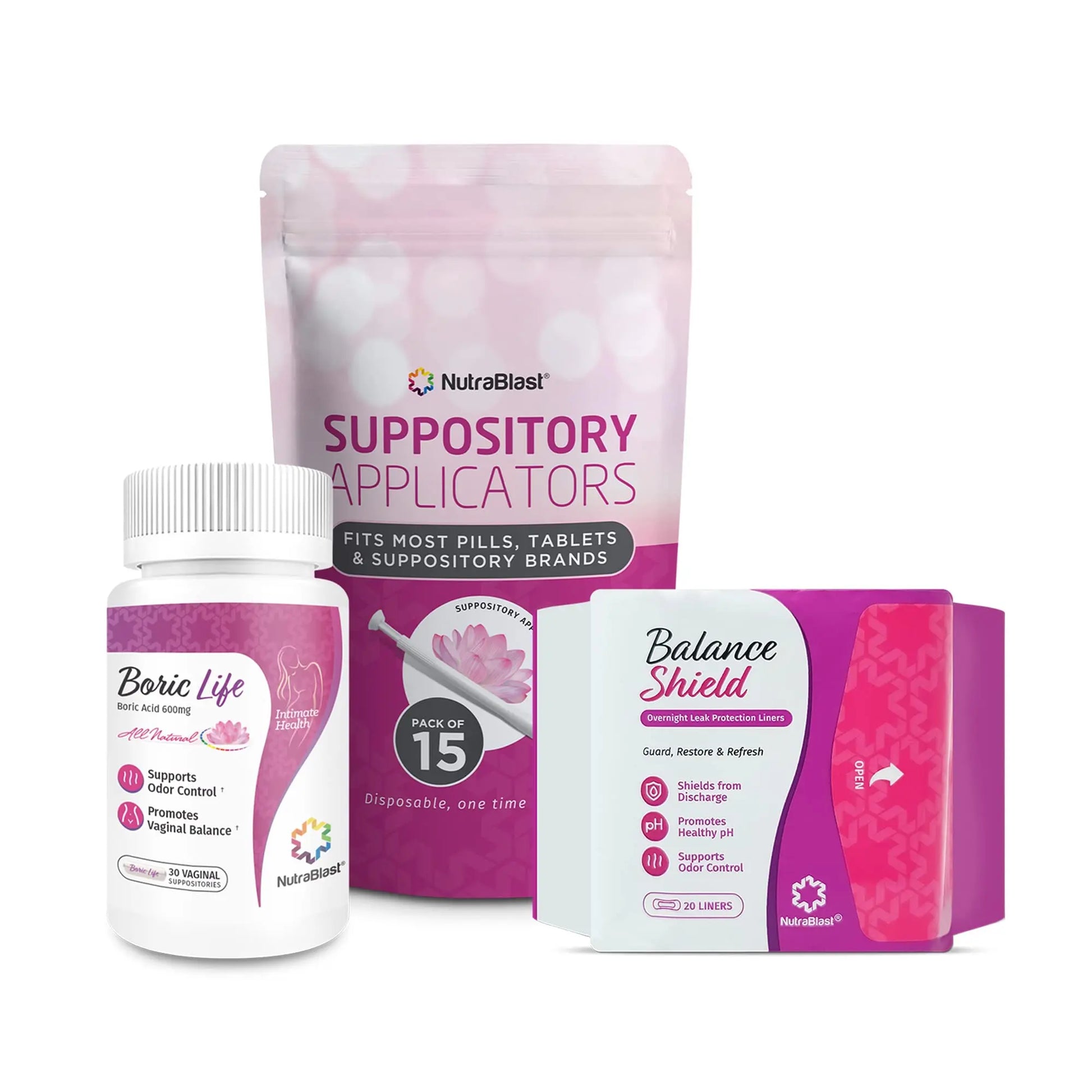NutraBlast Boric Acid Suppositories 600mg (30 Count) Bundle with Disposable Applicators (15-Pack) and Balance Shield Panty Liners (180mm, 20-Pack) NutraBlast Au supplements