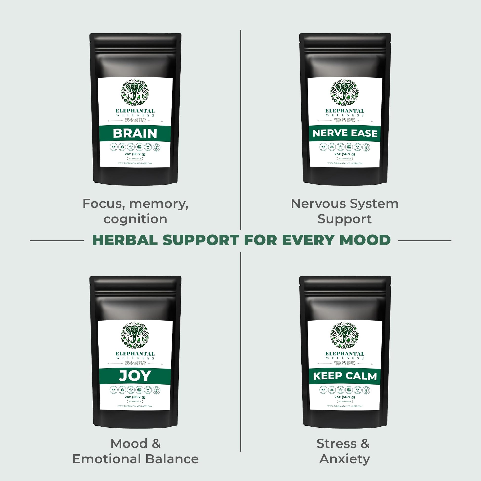 Elephantal Wellness Premium Brain Herbal Tea | Nootropic Focus & Mental Clarity with Ginkgo, Bacopa, Gotu Kola & Rosemary | Non-GMO, Caffeine-Free Coffee Alternative, Handmade Loose Leaf Blend, 2oz Loose Leaf, 20 Servings Elephantal Wellness Au supplements