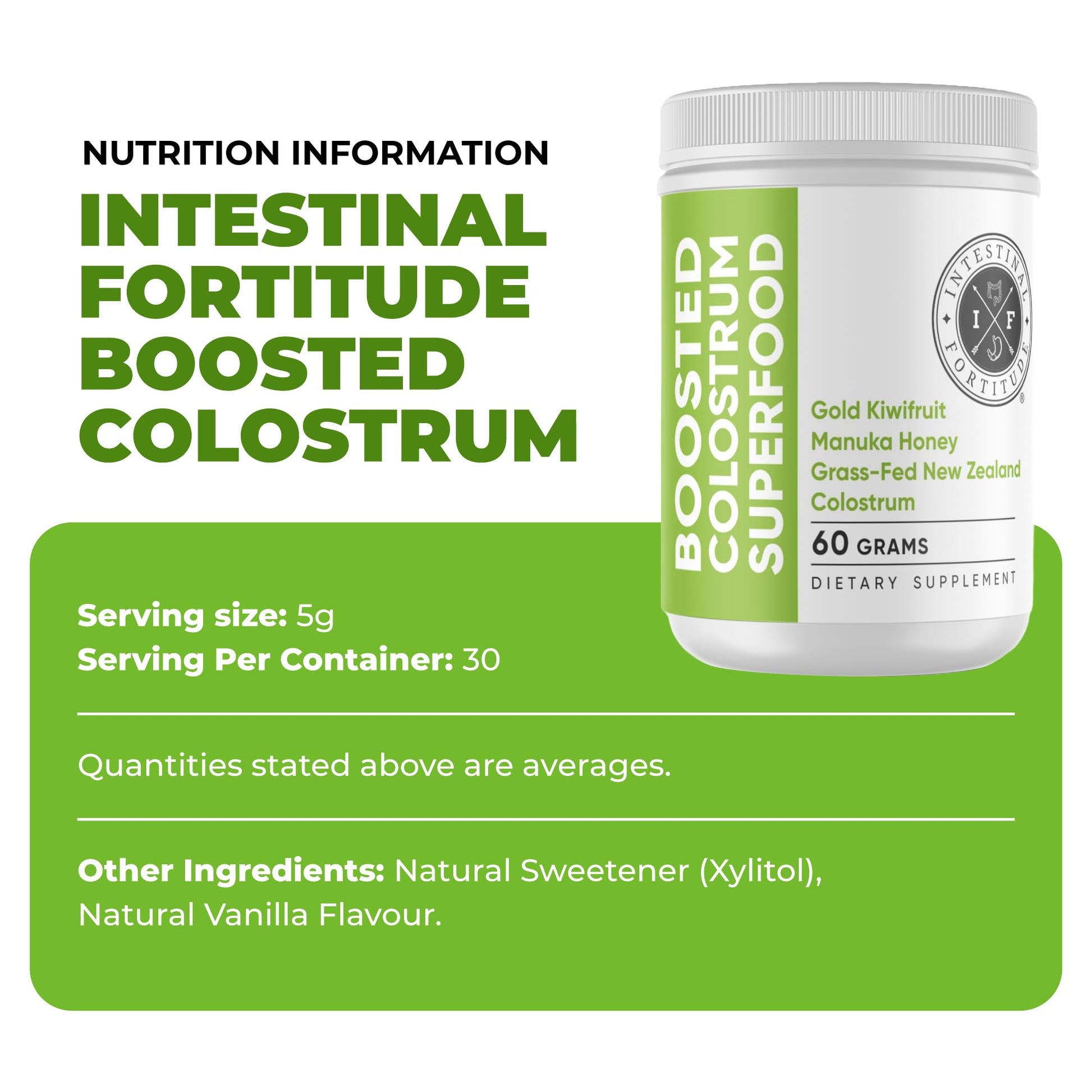 Intestinal Fortitude Boosted Colostrum Superfood Dietary Supplement: Grass-Fed New Zealand Bovine Colostrum, Gold Kiwifruit, Manuka Honey, for Digestion, Immune System, and Gut Health (60 Grams) Intestinal Fortitude Au supplements