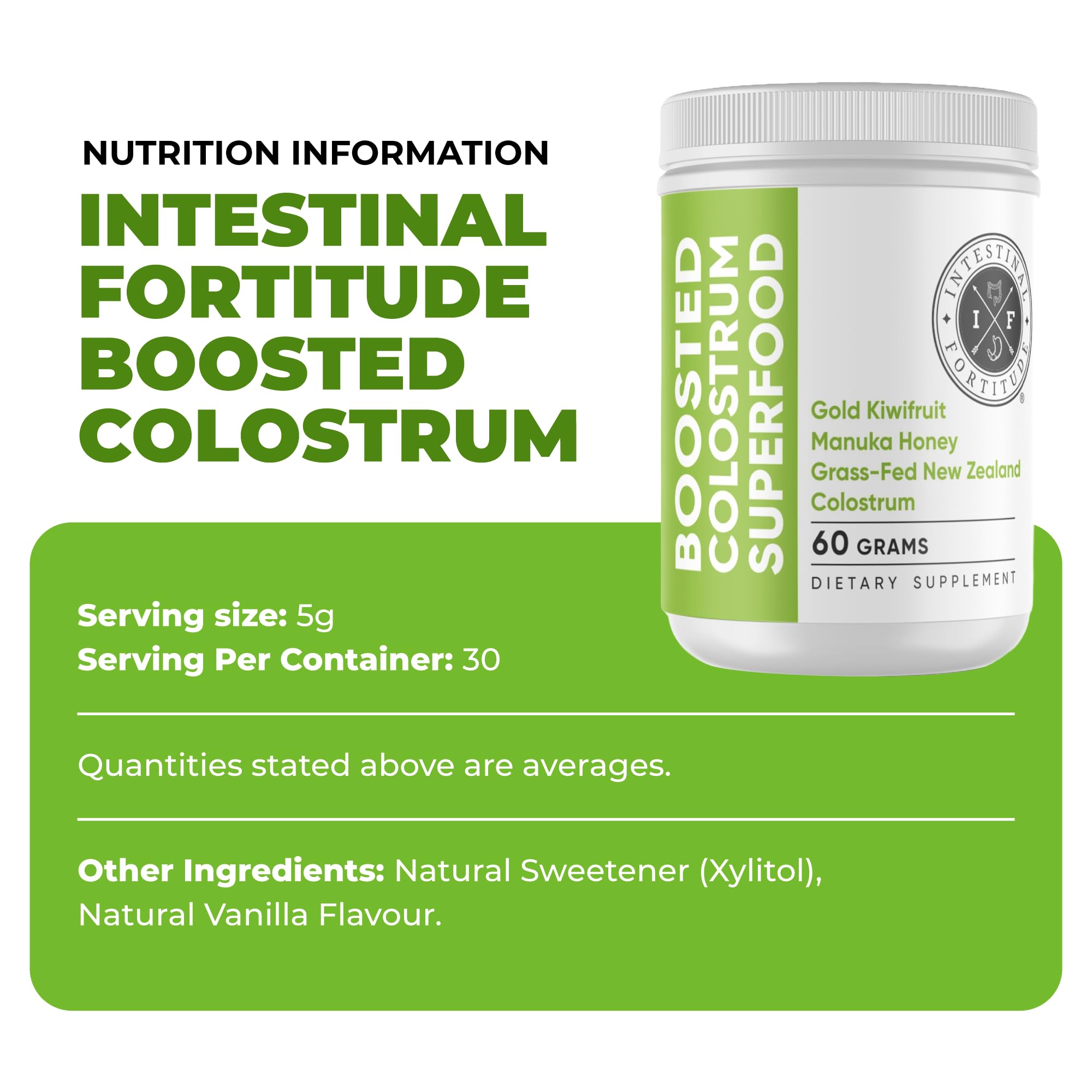 Intestinal Fortitude Boosted Colostrum Superfood Dietary Supplement: Grass-Fed New Zealand Bovine Colostrum, Gold Kiwifruit, Manuka Honey, for Digestion, Immune System, and Gut Health (60 Grams) Intestinal Fortitude Au supplements
