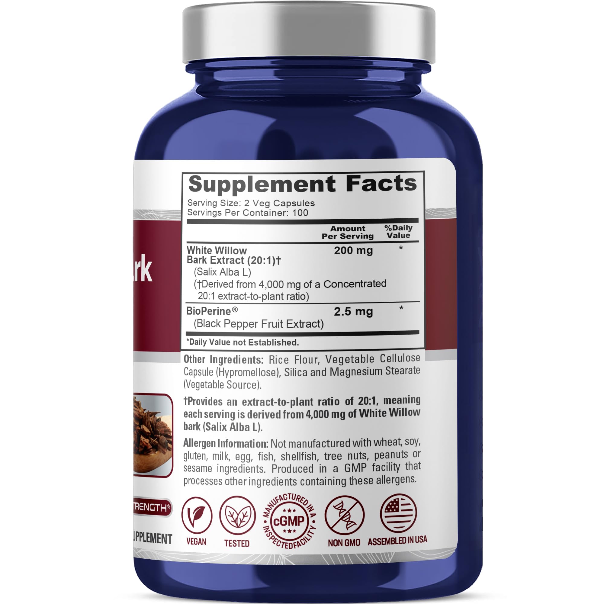 NusaPure White Willow Bark 20:1 Extract, 200 mg Equivalent to 4000mg, 200 Veggie Capsules, Max Strength, (Non-GMO, Vegan) NusaPure Au supplements