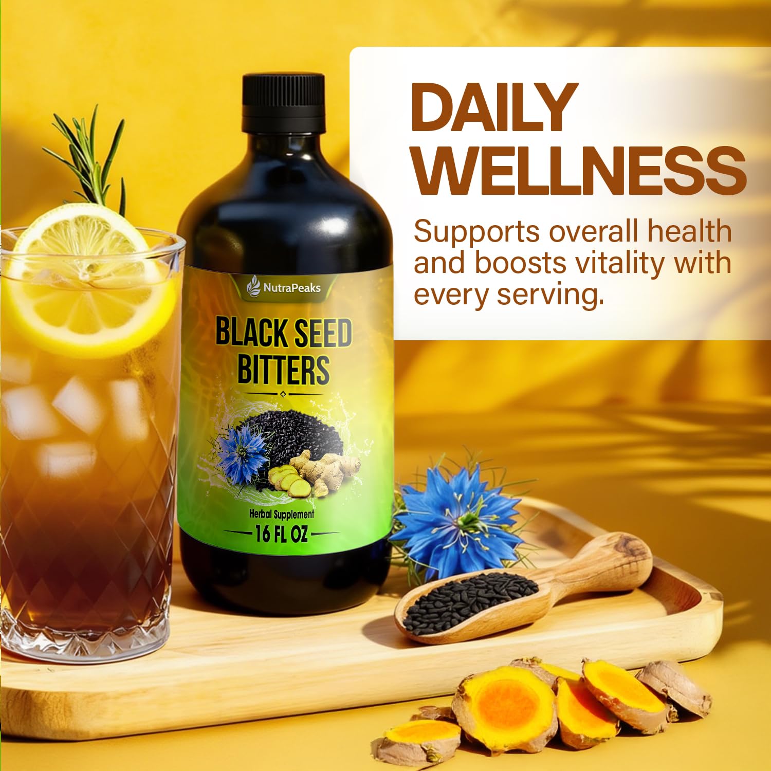 Black Seed Oil Bitters Liquid - Premium Herbal Blend with Black Seed Extract, Curcumin (Turmeric Extract), Ashwagandha, Elderberry, Probiotics, Vitamin C, Zinc...16 fl oz | Natural Botanical Blend NutraPeaks Au supplements