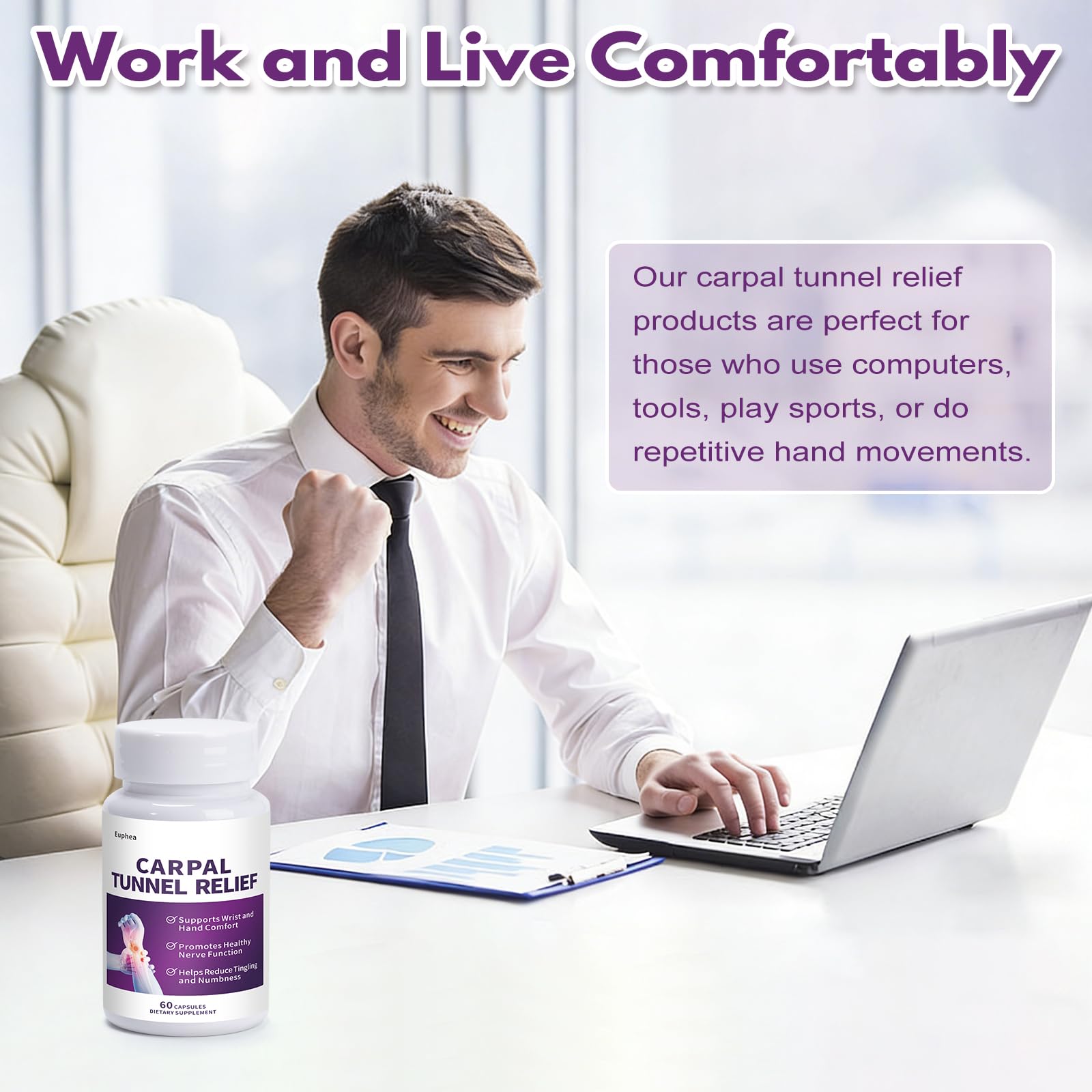Euphea Carpal Tunnel Relief & Wrist Support Supplement, Helps Ease Tingling & Numbness,Vitamins B6, B12, C, D, K + GABA,60 Capsules Euphea Au supplements