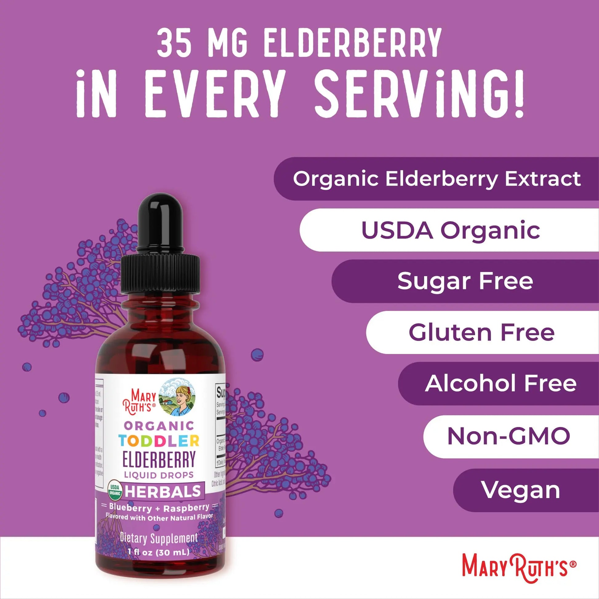 MaryRuth Organics Toddler Elderberry Syrup, USDA Organic Elderberry, Sugar Free Kids Immune Support Supplement for Ages 1-3 Years, Clean Label Project Verified®, Vegan, Non-GMO, Gluten Free, 1 Fl Oz MARYRUTH'S Au supplements