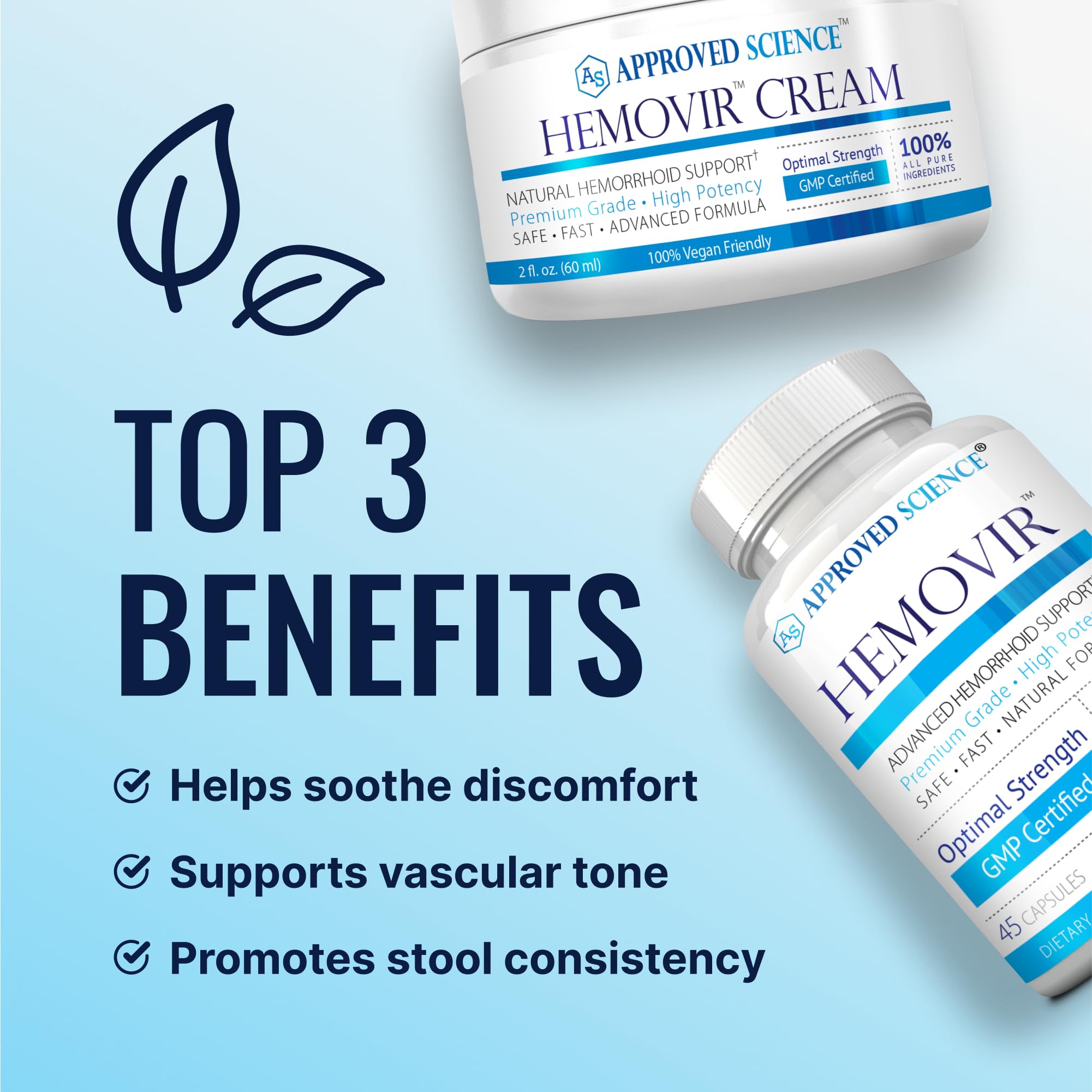 Approved Science Hemovir - Hemorrhoid Capsules and Cream - Dual-Action Stops Itching and Optimizes Blood Flow - Internal and External Care - 45 Capsules + 2 Fl Oz - Vegan - Non GMO - Made in The USA Approved Science Au supplements