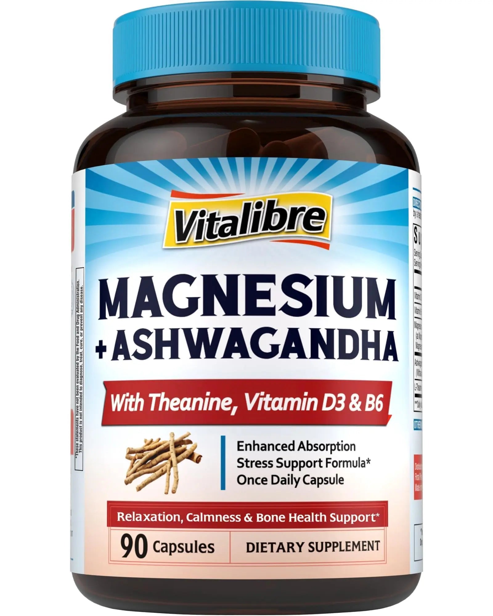Vitalibre Magnesium Complex with Ashwagandha & L-Theanine - Stress Relief, Bone & Relaxation Support - w/Vitamin D3, B6 - Glycinate, Citrate, Malate, Taurate - 90 Vegan Capsules, Non-GMO, Gluten Free Vitalibre Au supplements