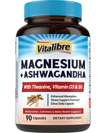 Vitalibre Magnesium Complex with Ashwagandha & L-Theanine - Stress Relief, Bone & Relaxation Support - w/Vitamin D3, B6 - Glycinate, Citrate, Malate, Taurate - 90 Vegan Capsules, Non-GMO, Gluten Free Vitalibre Au supplements