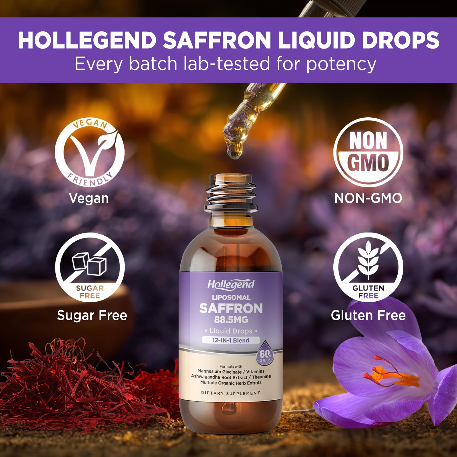 HOLLEGEND Liposomal Saffron Drops for Kids & Adults, Organic Saffron Supplement w/Magnesium, L-Theanine and Vitamins for Stress, Focus, Vision and Energy Support, Vegan, Natural Lemon Flavor, 2 FL OZ HOLLEGEND Au supplements