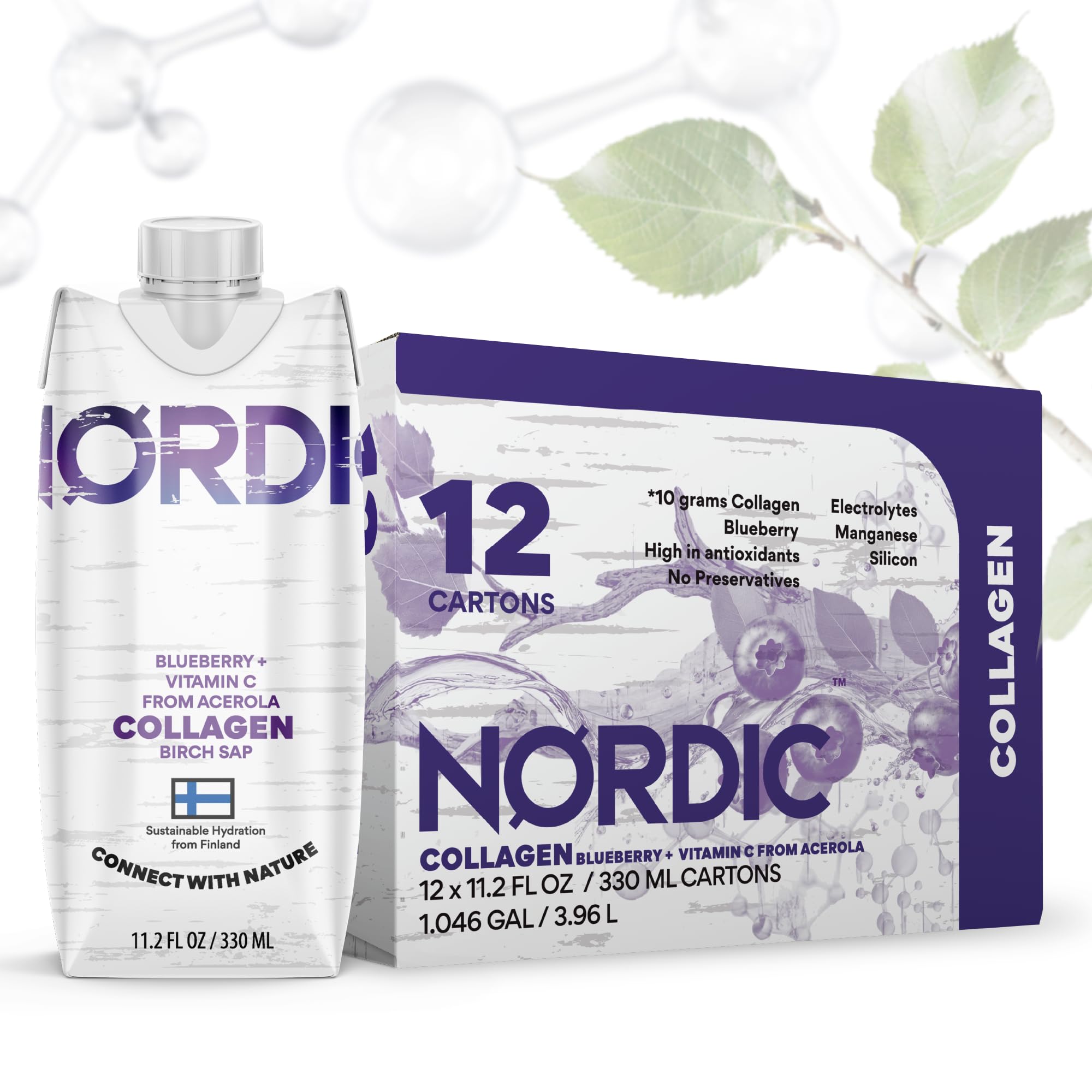 Nordic Liquid Collagen Peptide Drink, Organic Birch Sap, Wild blueberry + Vitamin C, Made in Finland - 10g Clinically Studied Grass Fed Collagen Peptides for Skin Hair Nails & Joint Support, with Silica, BPA-Free Beverage (12 Pack) Nordic Tree Water Au supplements