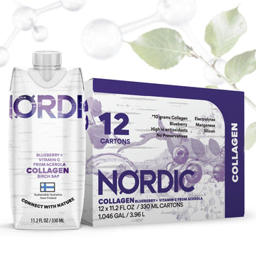 Nordic Liquid Collagen Peptide Drink, Organic Birch Sap, Wild blueberry + Vitamin C, Made in Finland - 10g Clinically Studied Grass Fed Collagen Peptides for Skin Hair Nails & Joint Support, with Silica, BPA-Free Beverage (12 Pack) Nordic Tree Water Au supplements