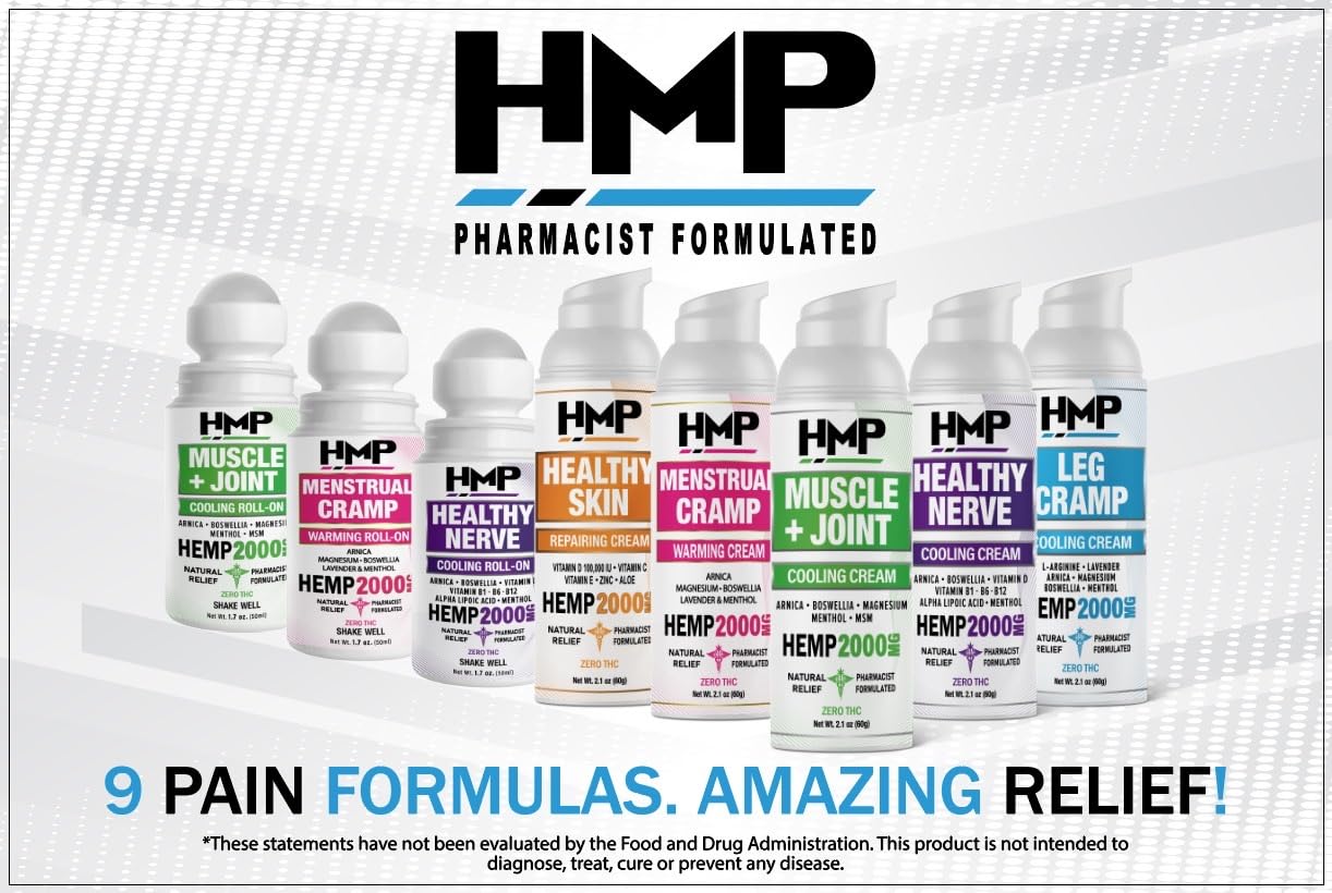 HMP Nerve Roll-On for Feet, Hands, Legs, Toes, Back 2000MG Hemp with Menthol & Arnica, Soothing Cooling Formula, Made in USA, 50ml (1 Pack) HMP BRANDS Au supplements