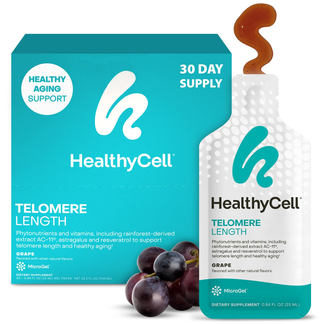 HealthyCell Telomere Length Supplement - Anti-Aging Telomere Lengthening Supplements with Phytonutrients & Vitamins for Cellular Health - AC-11, Astragalus & Resveratrol - 30 Gel Packs, Grape Flavored Healthycell Au supplements