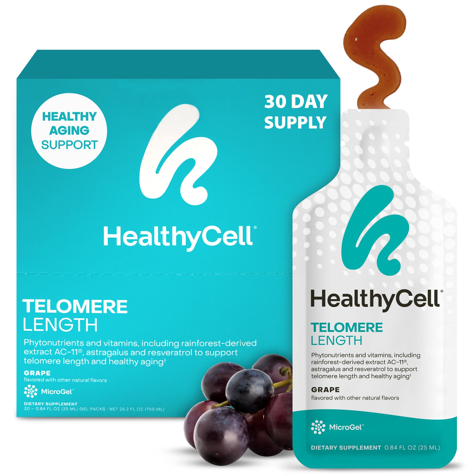 HealthyCell Telomere Length Supplement - Anti-Aging Telomere Lengthening Supplements with Phytonutrients & Vitamins for Cellular Health - AC-11, Astragalus & Resveratrol - 30 Gel Packs, Grape Flavored Healthycell Au supplements