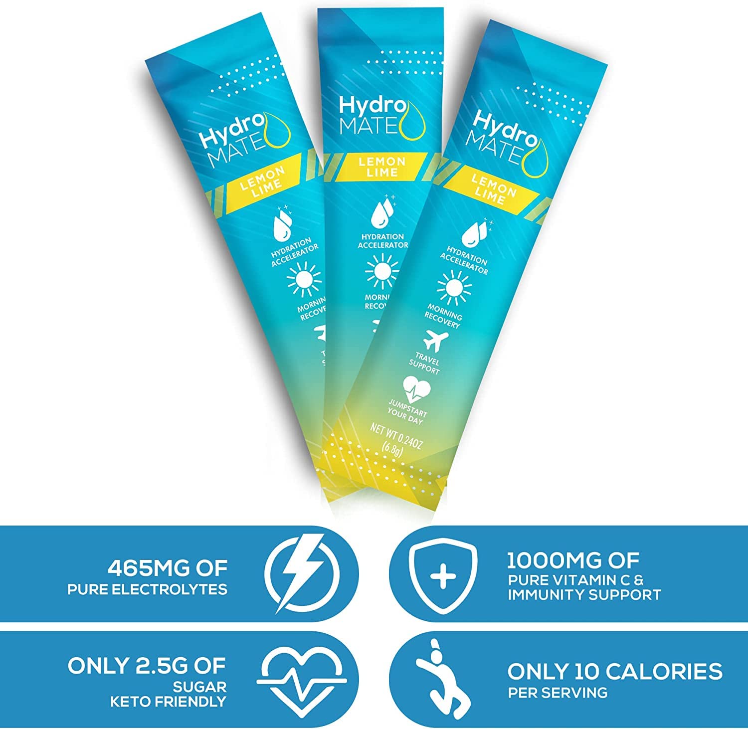 HydroMATE Electrolyte Powder Lemon Lime Hydration Packets Low Sugar 30 Count