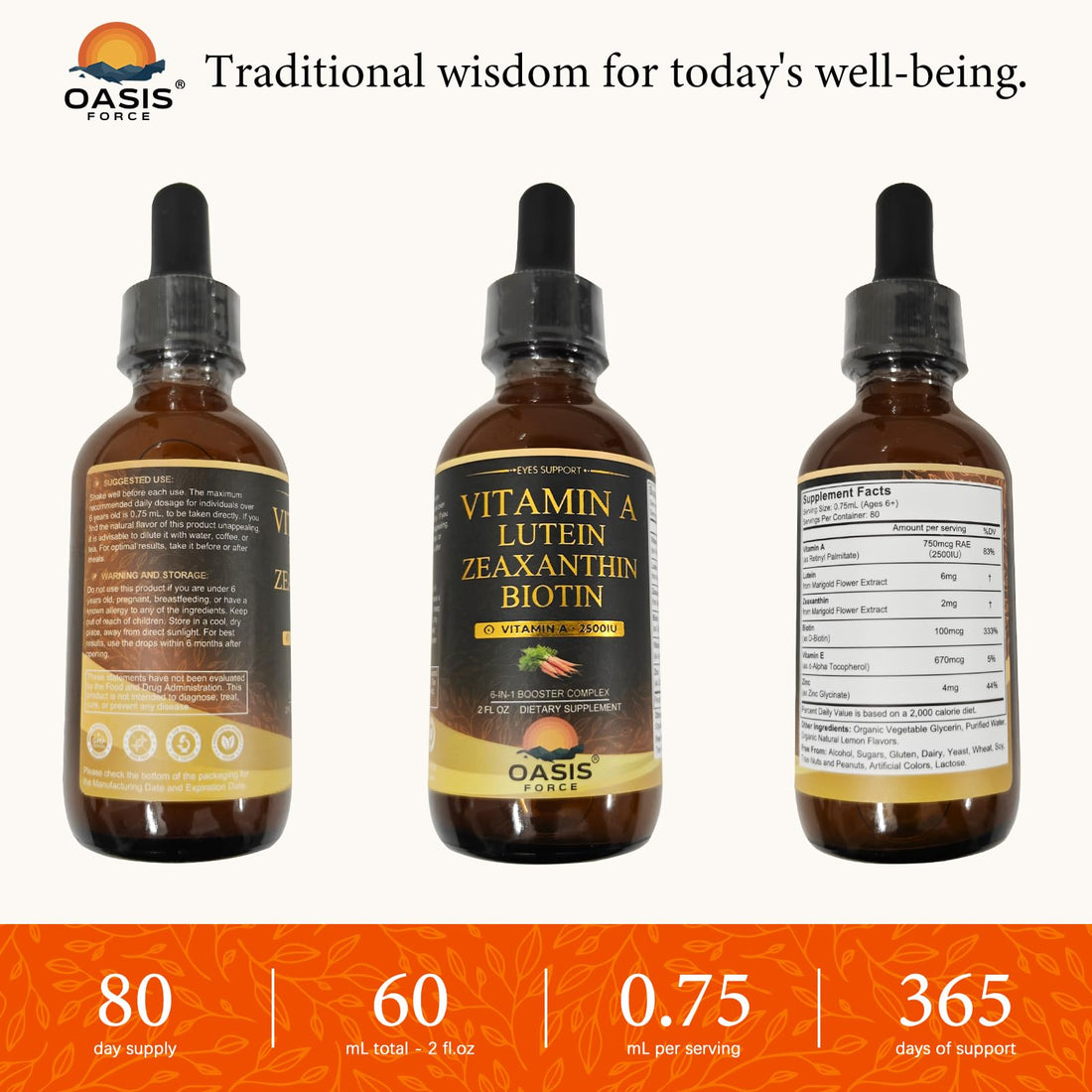 OASIS FORCE 6 in 1 Vitamin A Liquid Drops with Lutein & Zeaxanthin, Vita A Retinyl Palmitate for Skin, Vision & Immune Support, Adults & Kids Ages 6+, Vegan, Non-GMO, 2 Fl Oz OASIS FORCE Au supplements