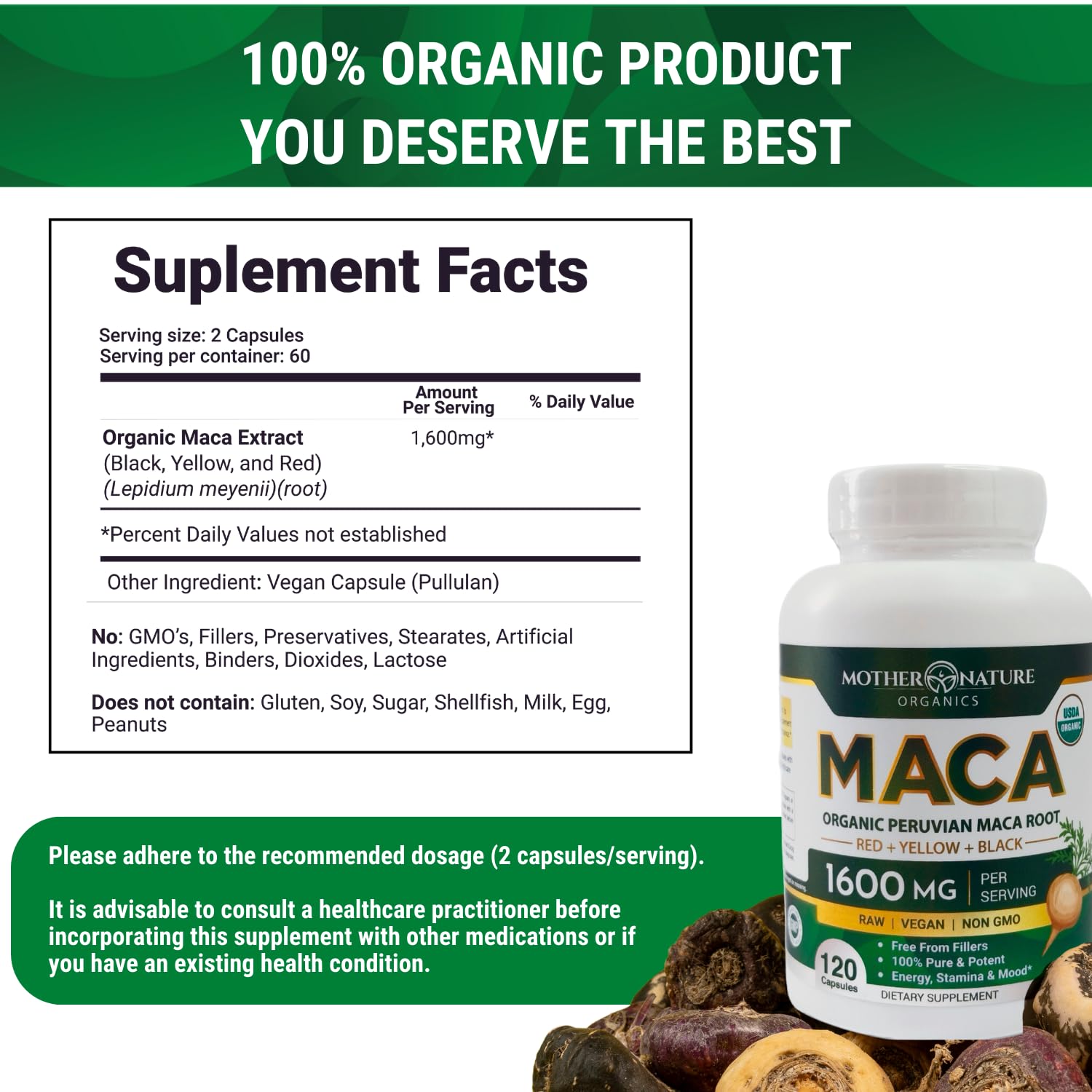 Mother Nature Organic Maca Root Capsules – 1600mg, 120 Vegan Capsules – Non GMO Peruvian Yellow, Red & Black Maca for Men & Women - Energy, Hormone, Brain & Weight Well-Being Mother Nature Organics Superfoods for Organic Living Au supplements