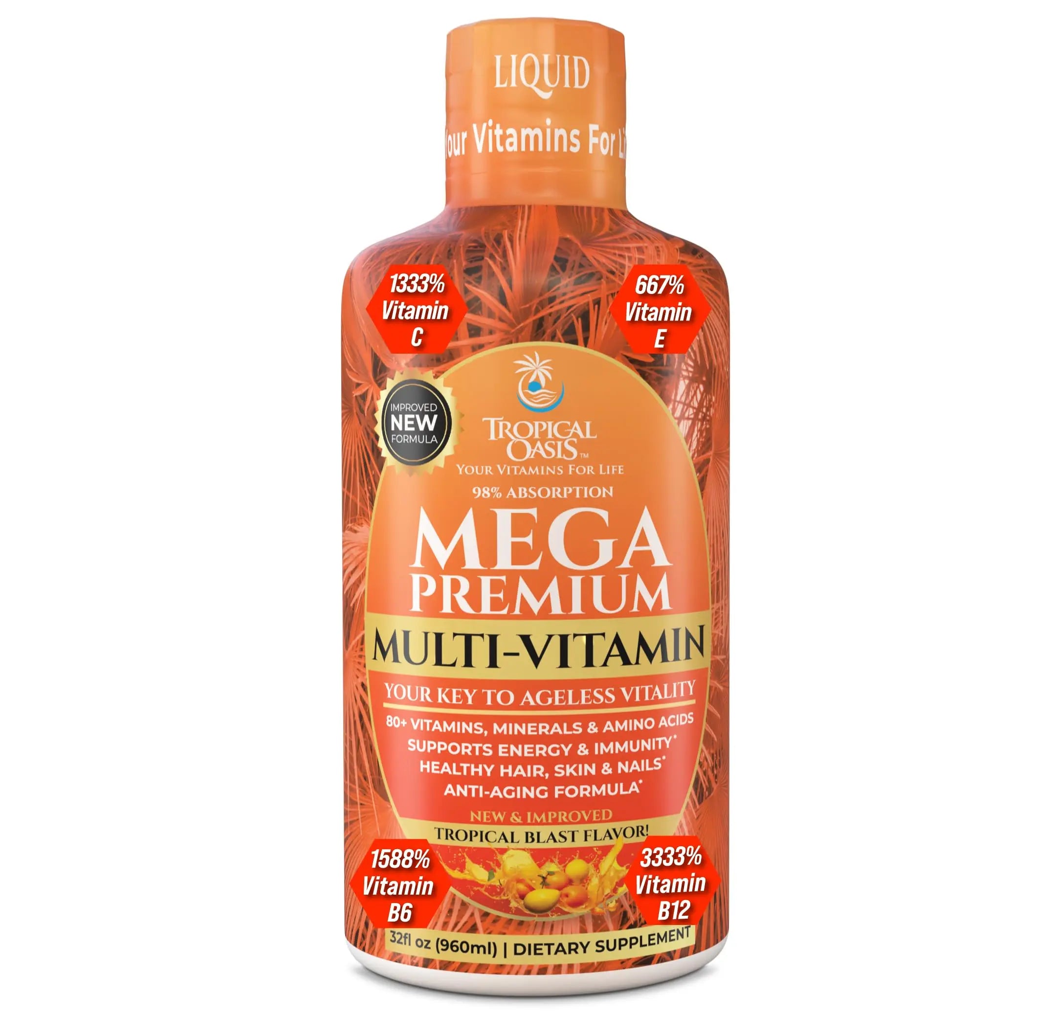 Mega Premium Liquid Multivitamin | Natural Immune Support Vitamin w/ 1333% Vitamin C, 200% D3, Zinc + 20 Vitamins, 70 Minerals, & 21 Amino Acids | Sugar Free Tropical Oasis Au supplements
