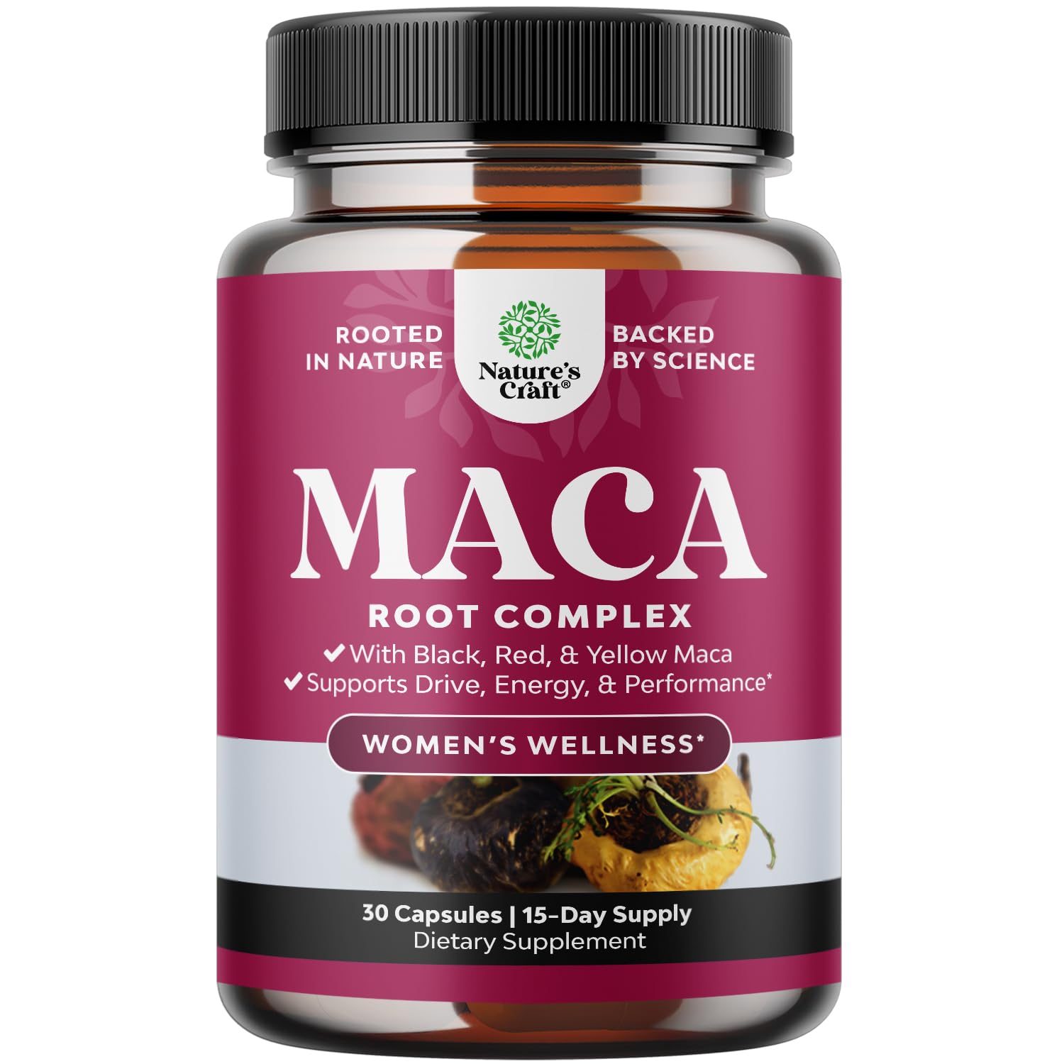Maca Root Capsules for Women - Potent Herbal Supplement with Female Enhancing Blend of Red Yellow & Black Maca Root - Non-GMO Certified Vegan and Gluten-Free with No Artificial Colors - 30 Count Natures Craft Au supplements