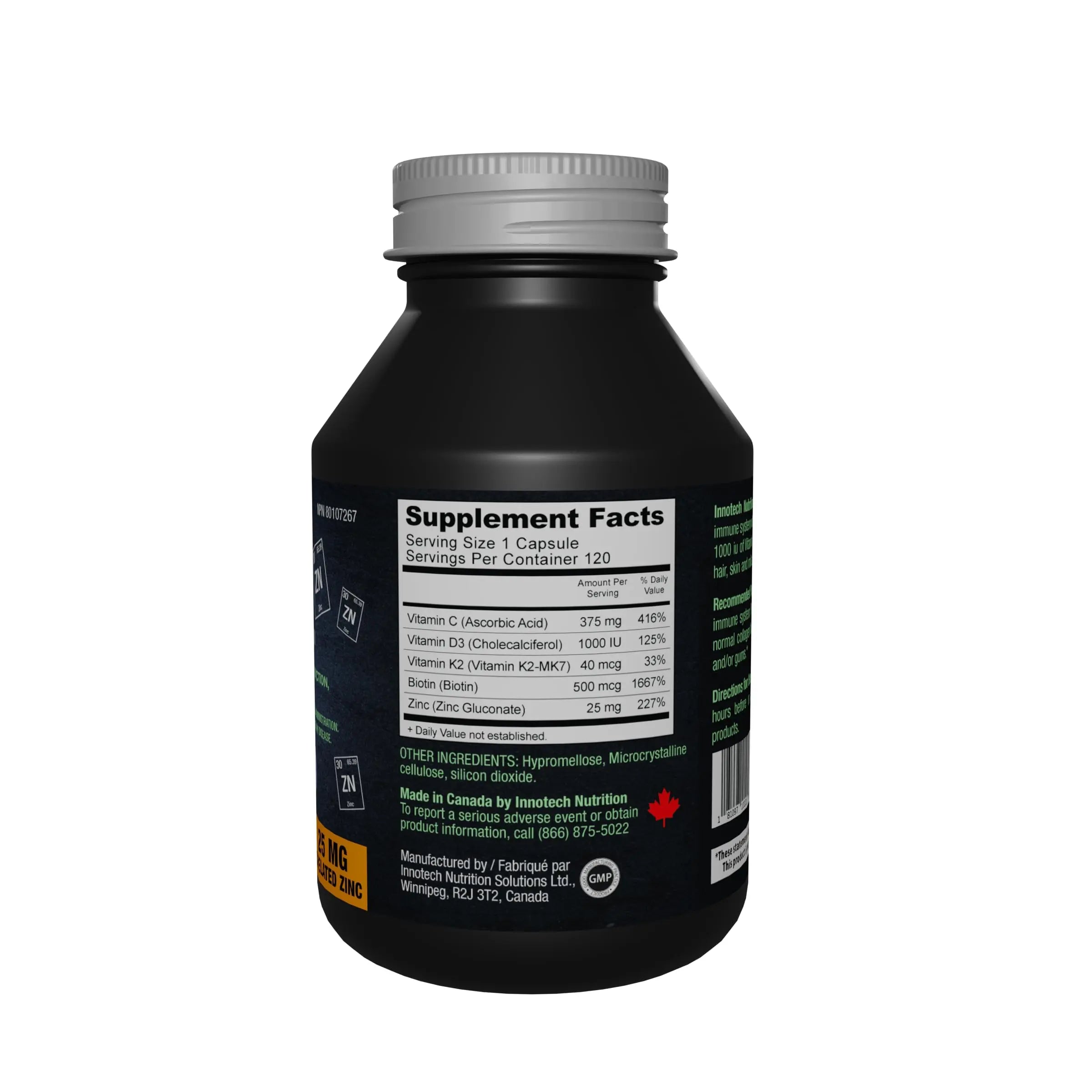 Innotech Nutrition Zinc Plus Immune Hair Skin & Nails Support Chelated Zinc Vitamin D3 & Biotin 120 Vegan Capsules Innotech Nutrition Solutions Au supplements