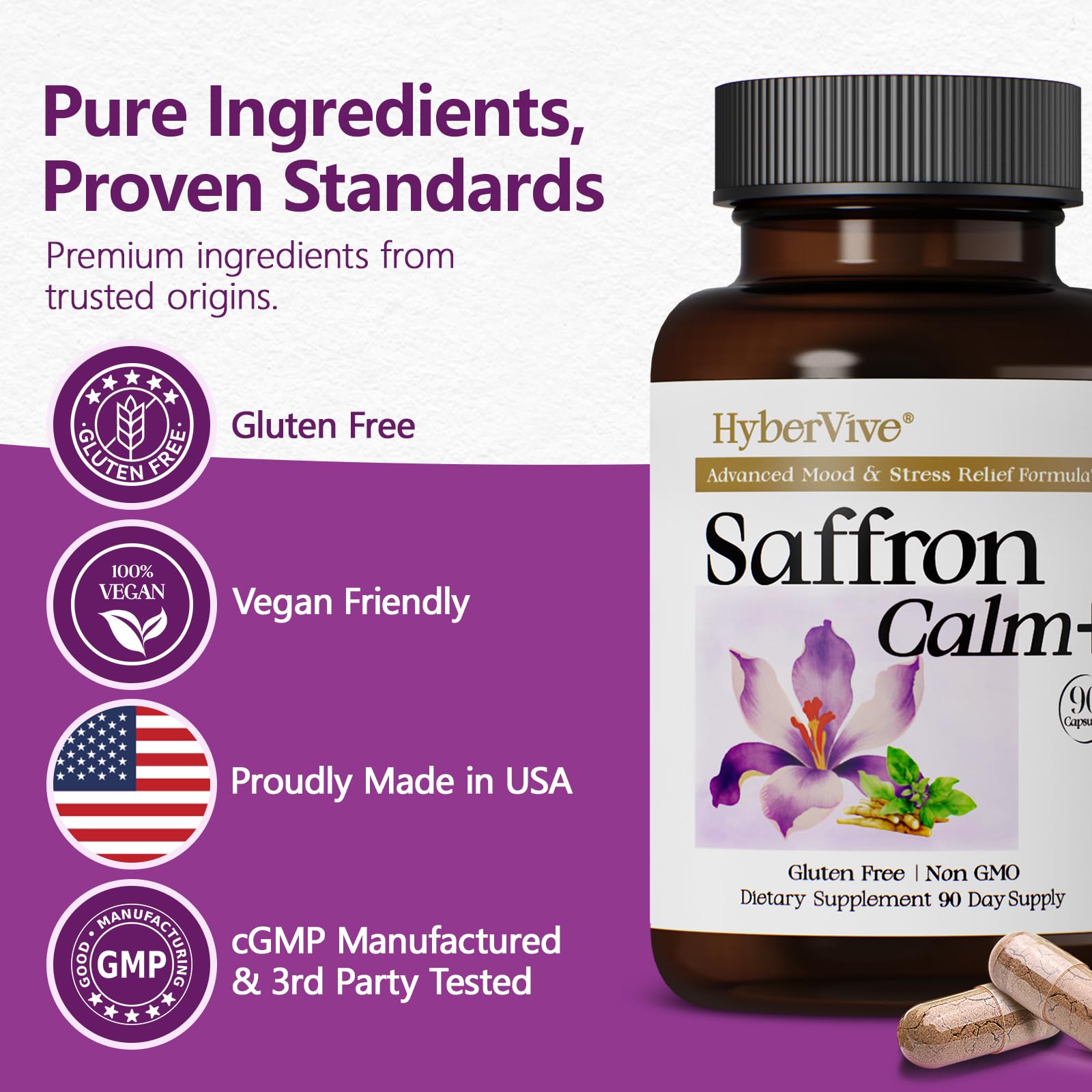HyberVive Saffron Supplements with Ashwagandha & L-Theanine - 368.5MG - Mood Balance, Stress Relief & Mental Clarity – Cortisol Support for Women & Men, Made in USA, 90 Vegan Capsules HyberVive Au supplements