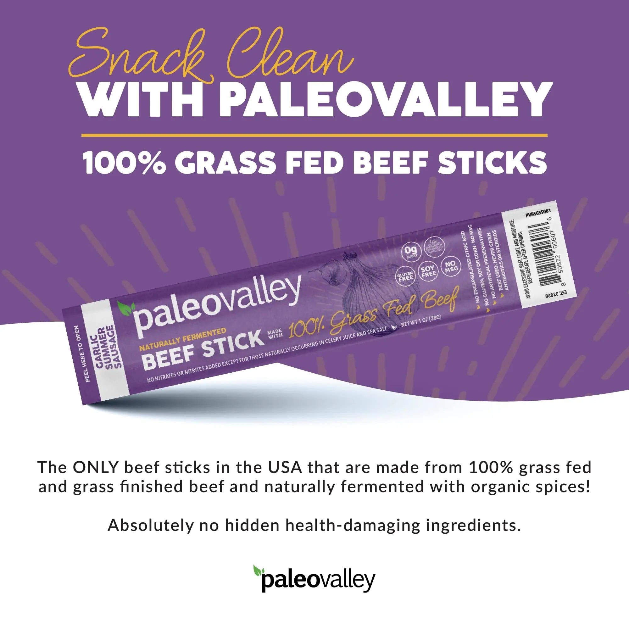 Paleovalley 100% Grass Fed Garlic Summer Sausage Beef Sticks - Delicious Gluten Free Beef Snack - High Protein Keto Friendly Paleovalley Au supplements