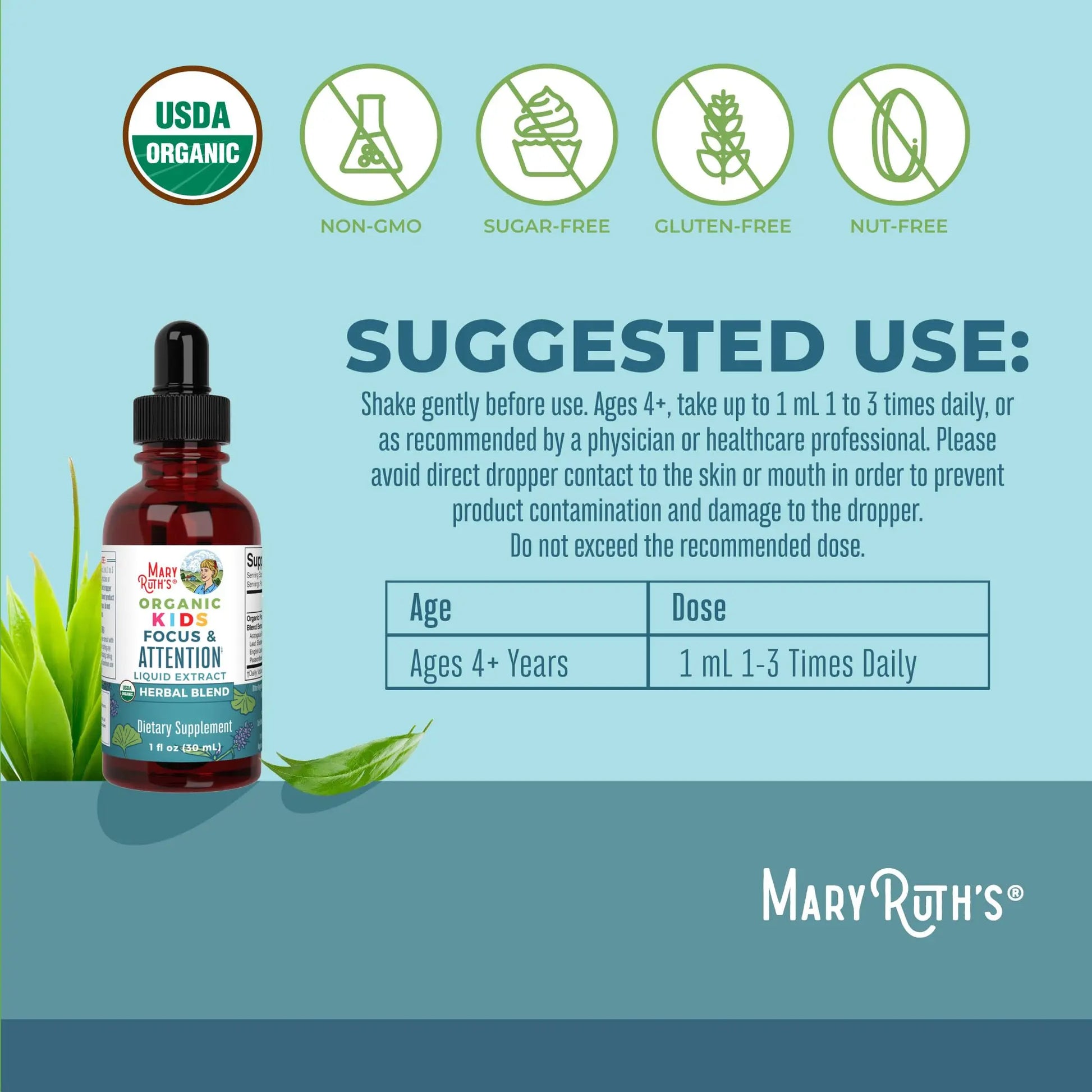 MaryRuth Organics Kids Focus & Attention Drops | USDA Organic Drops | Ginkgo Biloba | Rhodiola Root & Licorice Root | Adaptogenic | Calm | Vegan | Non-GMO | Gluten Free | 30 Servings MARYRUTH'S Au supplements