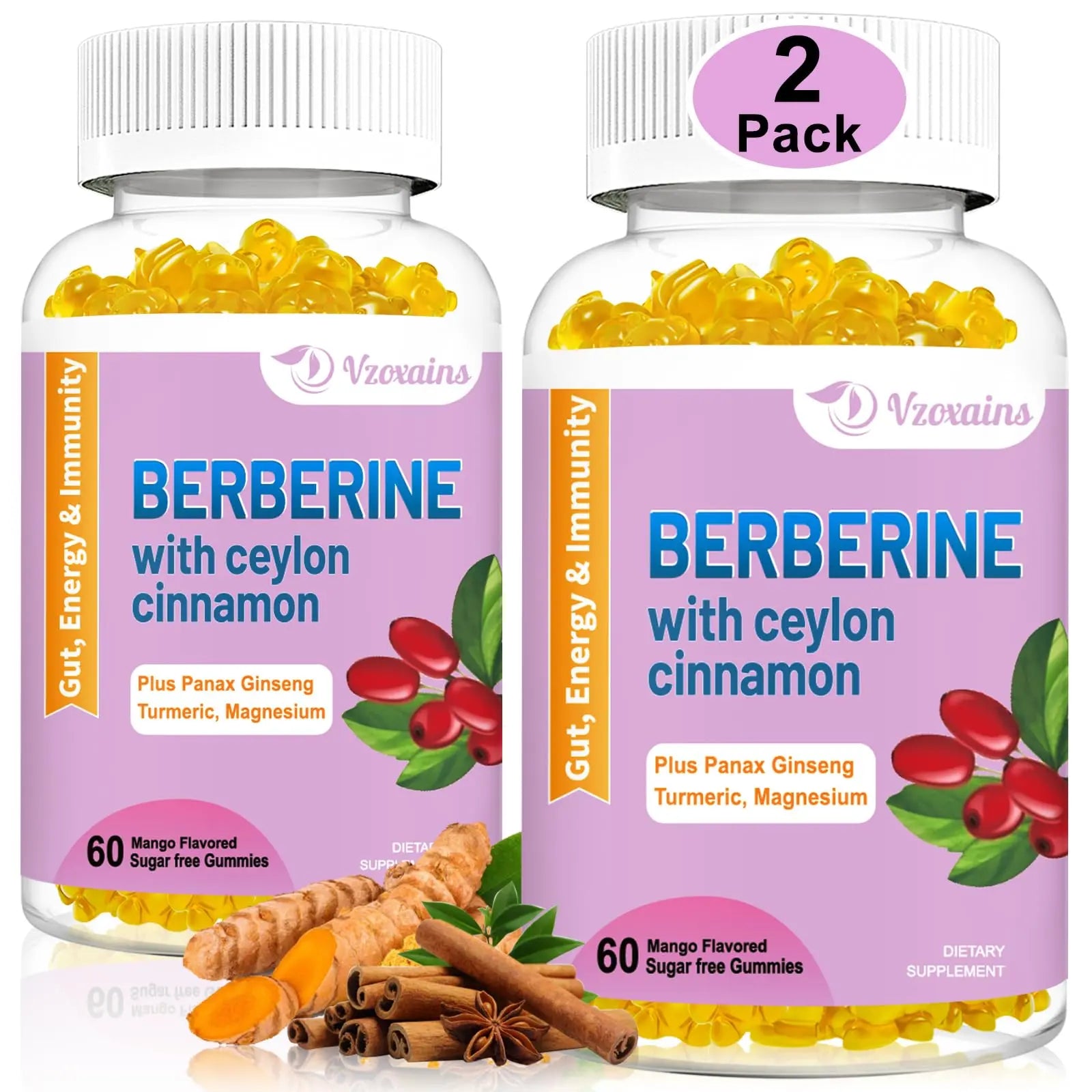 2 Pack Berberine with Ceylon Cinnamon Gummies, 2000mg High Potency Berberine HCI VZOXAINS Au supplements
