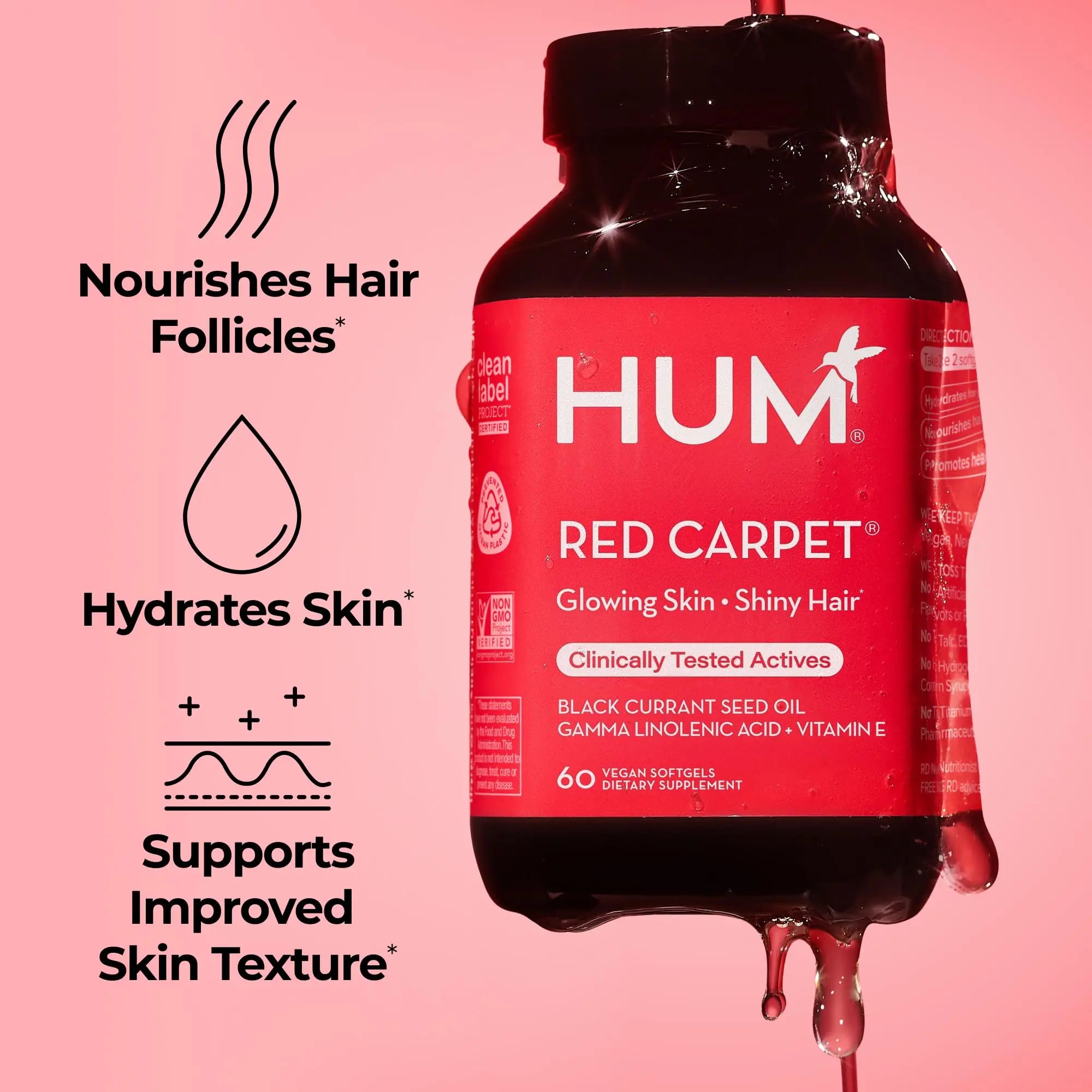 HUM Red Carpet Skin & Hair Vitamins for Women with Omega 3 Fatty Acids, Vitamin E, and Black Currant Seed Oil, Supplement for Skin Health & Healthy Hair Follicles Support, 60 Count HUM Au supplements