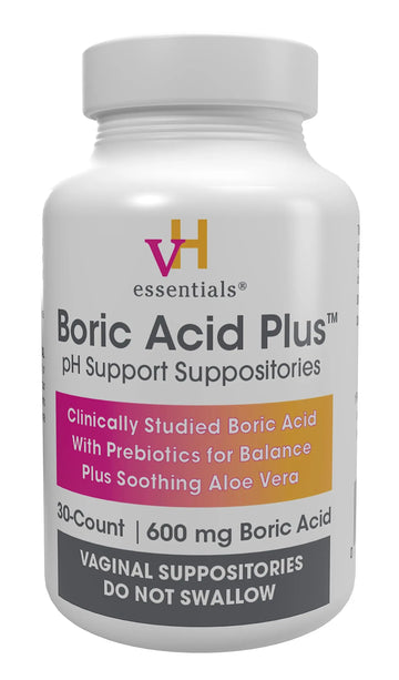 vH Essentials Boric Acid Plus Vaginal Suppositories, Prebiotic Infused with Soothing Aloe Vera, pH Support Formula Fights Odor and Promotes Freshness, 600mg Boric Acid, 30 Count vH essentials Au supplements