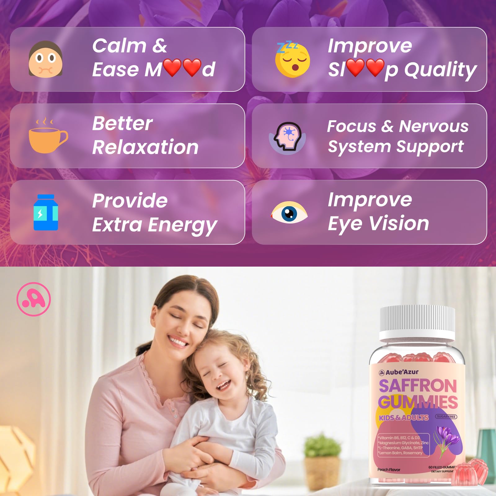 Saffron Gummies for Kids Adults 88.5mg, 15-in-1 Saffron Supplements for Kids, with B6, B12, C, D3, Magnesium Glycinate, Zinc for Nerve, Rest, Focus, Sugar Free, Vegan, Non- GMO, Peach Flavor, 60 Count Aube'Azur Au supplements