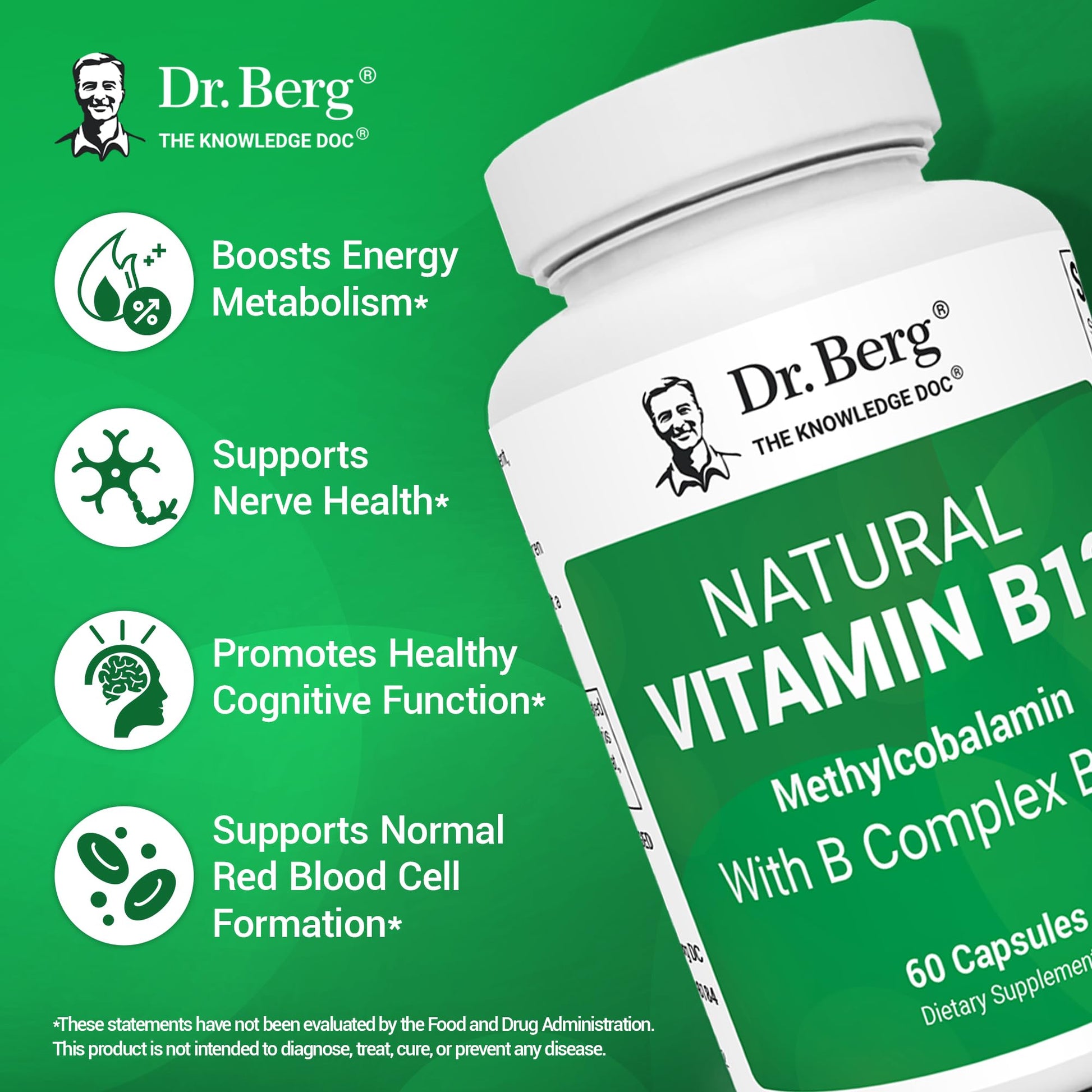Dr. Berg Natural Vitamin B12 1000 mcg with B Complex Blend - Methylcobalamin B12 for Energy, Nerve Health, and Cognitive Function* - Methylated B12 with Folate - 60 Capsules (2-Month Supply) Dr. Berg Nutritionals Au supplements