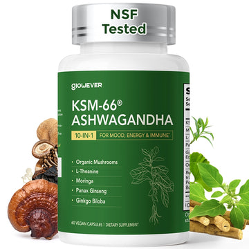 GlowEver KSM-66 Ashwagandha Supplements with L-Theanine Moringa Organic Mushrooms Complex Ginseng Ginkgo Biloba - Mood & Energy Support, Cortisol Manager, Immune Support, 60 Vegan Capsules GlowEver Au supplements