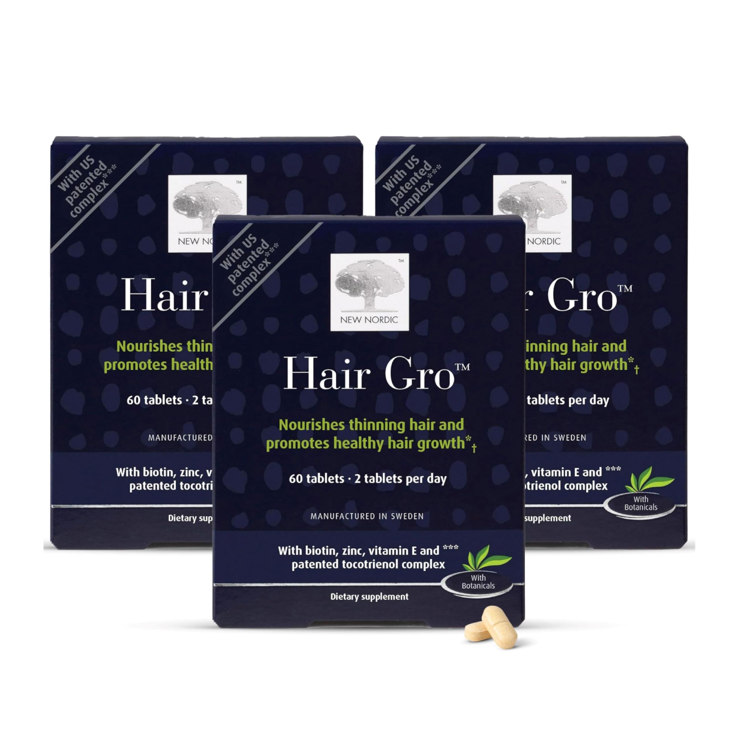 NEW NORDIC Hair GRO, Hair Growth Supplement, Biotin & Palm Fruit Extract Tocotrienols for Natural Regrowth, 60 Count (Pack of 3) NEW NORDIC Au supplements
