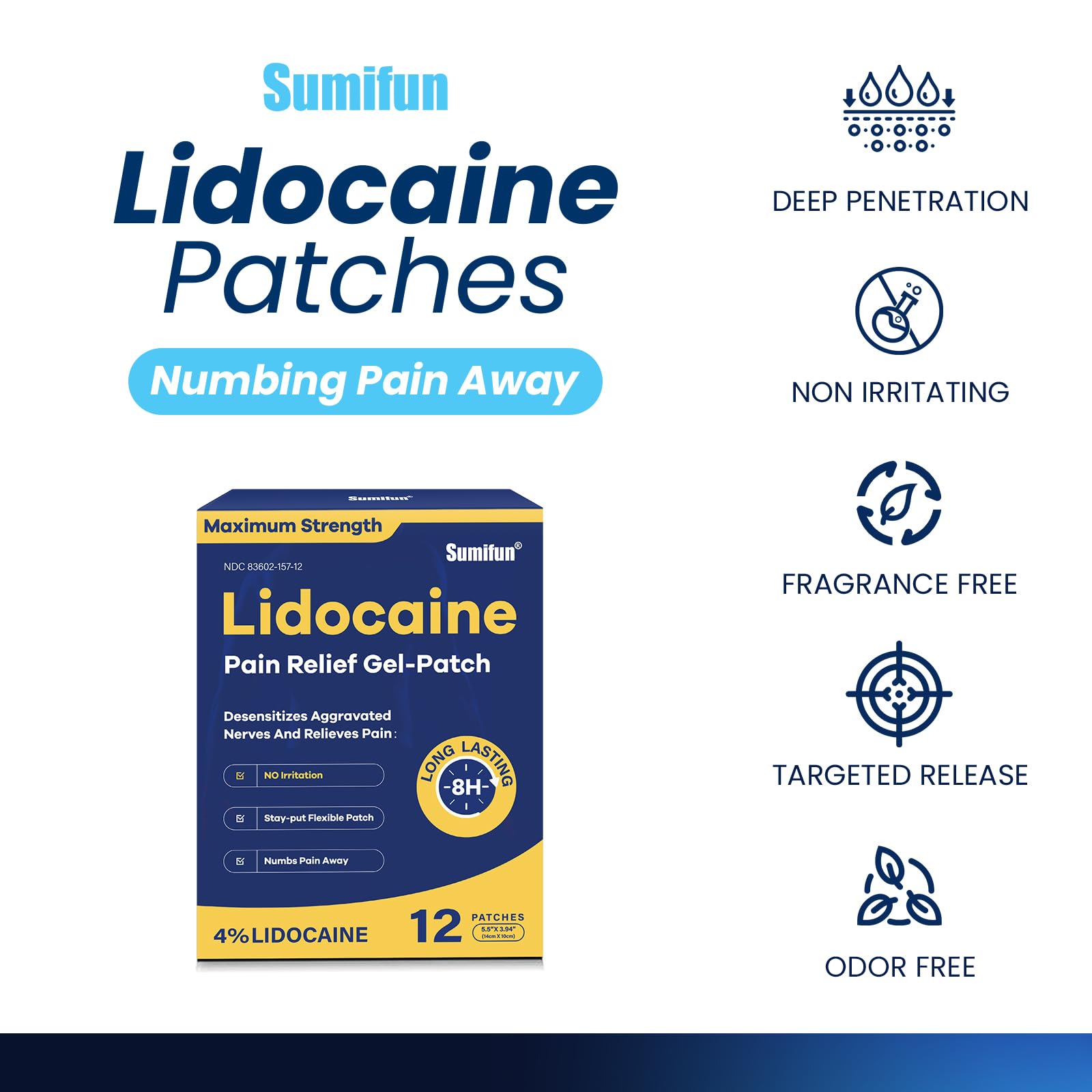 Sumifun 4% Lidocaine Patches Maximum Strength - 12 Count Pain Relieving Gel Patch for Muscle Soreness, Back Ache, Knee, Neck & Joint Pains - Topical Analgesic (Large, Count, 12) Sumifun Au supplements