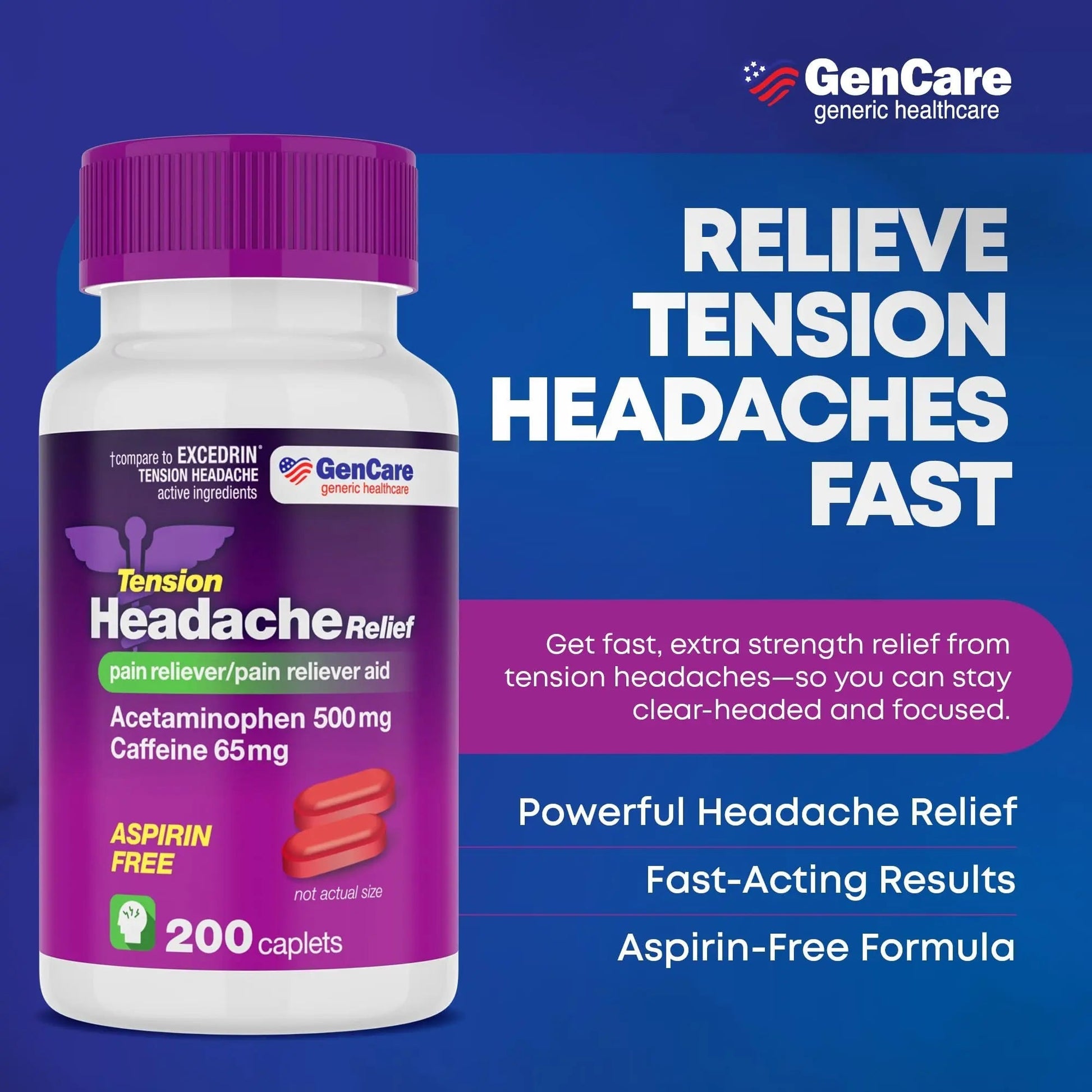GenCare - Tension Headache Relief Pain Reliever with Acetaminophen 500 mg & Caffeine 65 mg (200 Caplets) Best Value Bulk Extra Strength for Head, Migraine, Joint Pain & Body Ache Relief Medicine GenCare Au supplements