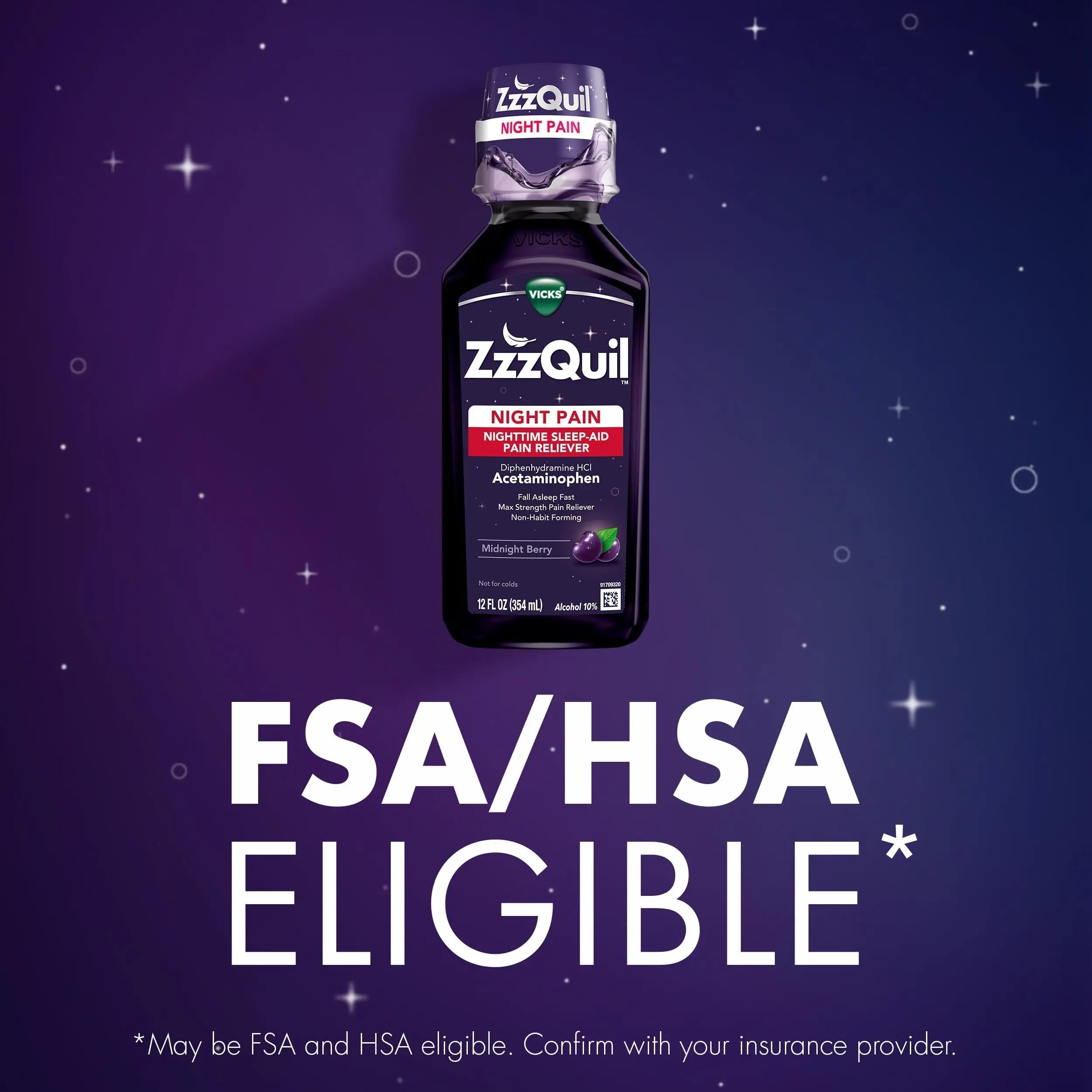ZzzQuil Liquid, Max Strength Pain Reliever, Nighttime Sleep Aid Liquid, Acetaminophen 1000mg, Diphenhydramine 50mg HCI, Non-Habit Forming, Midnight Berry Flavored, 2 Pack, 24 FL OZ ZzzQuil Au supplements
